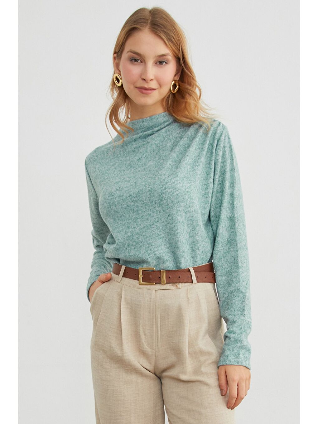 Yeşil Yanı Drapeli Dik Yaka Triko Bluz-3