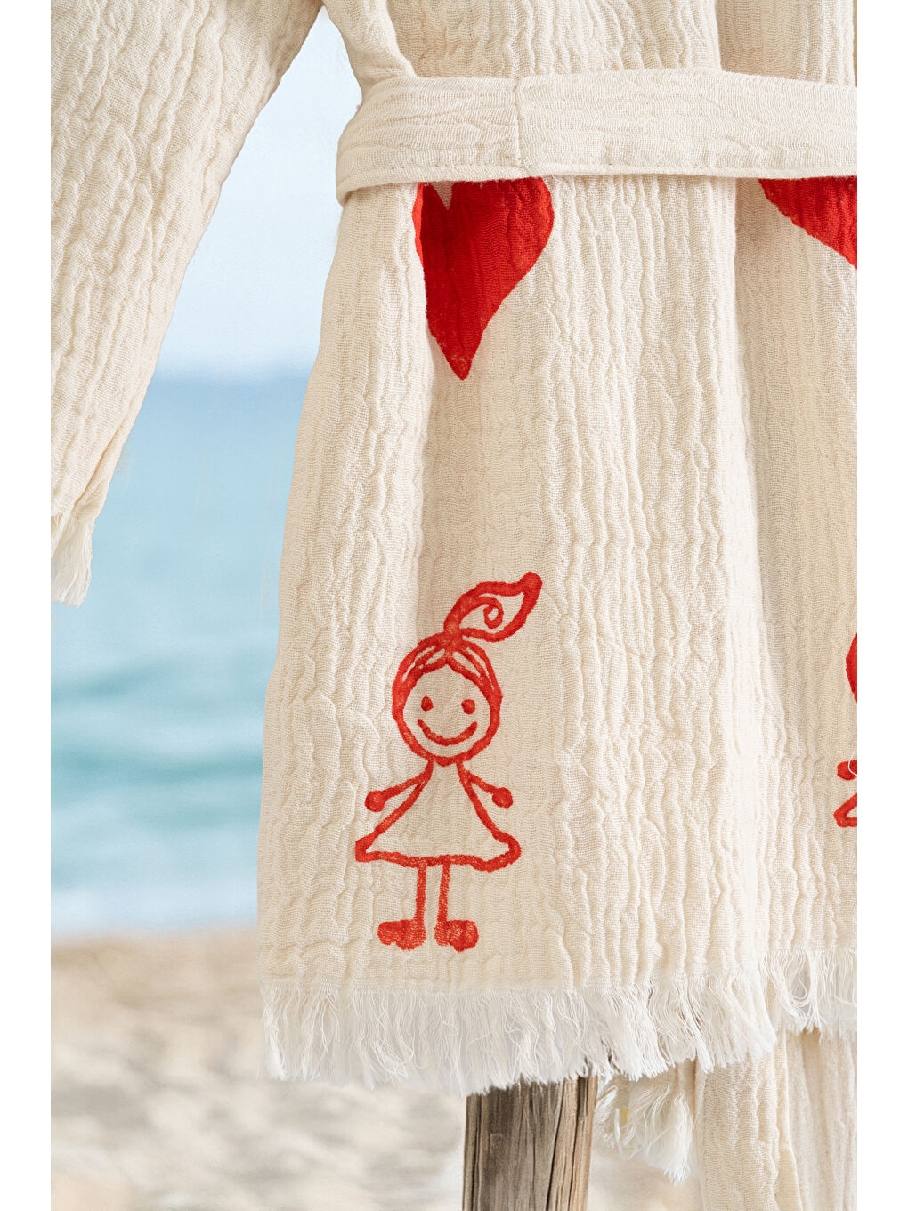 Ekru %100 Organik, El İşçiliği Taş Baskı Çocuk Bornozu - Baby-2