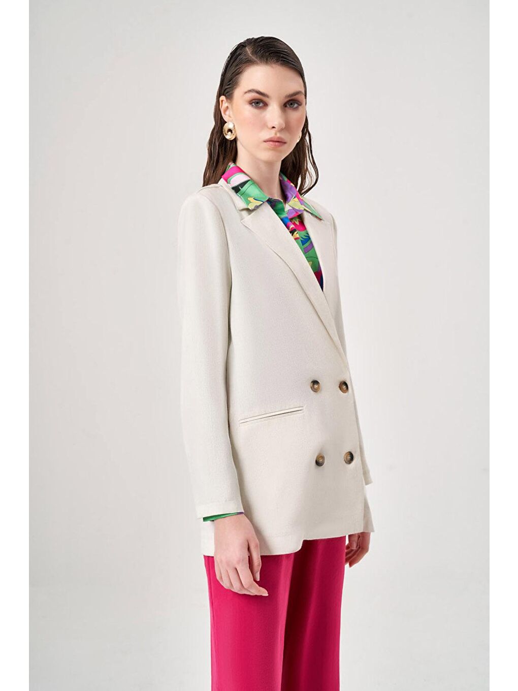 Keten Görünümlü Kruvaze Bej Blazer Ceket