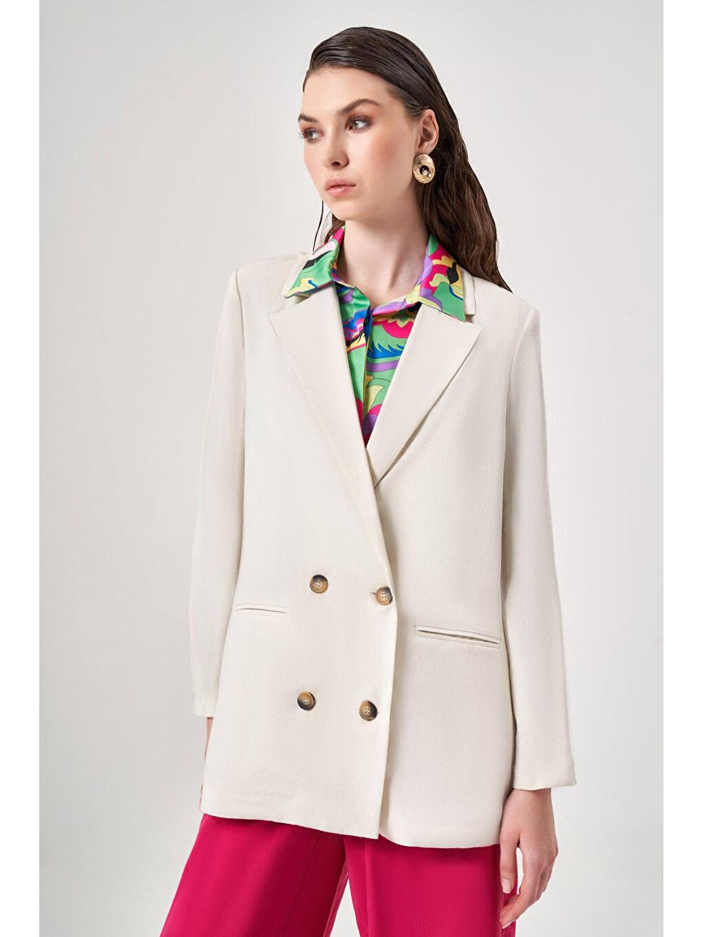 Keten Görünümlü Kruvaze Bej Blazer Ceket-1