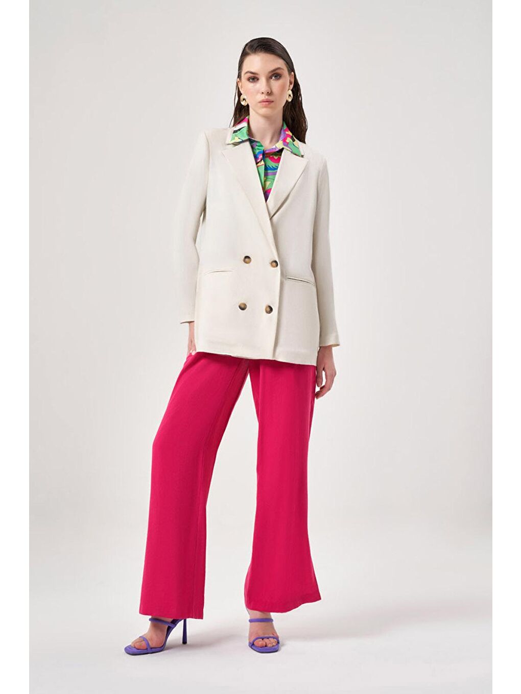 Keten Görünümlü Kruvaze Bej Blazer Ceket-2