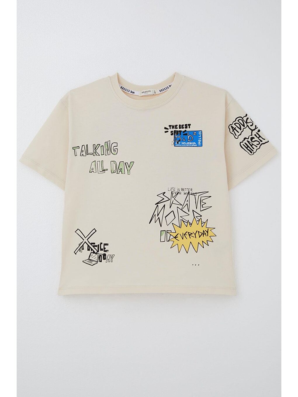 Ekru Erkek Çocuk Tişört Teknoloji Temalı Yazı Baskılı Krem (7-12 Yaş)