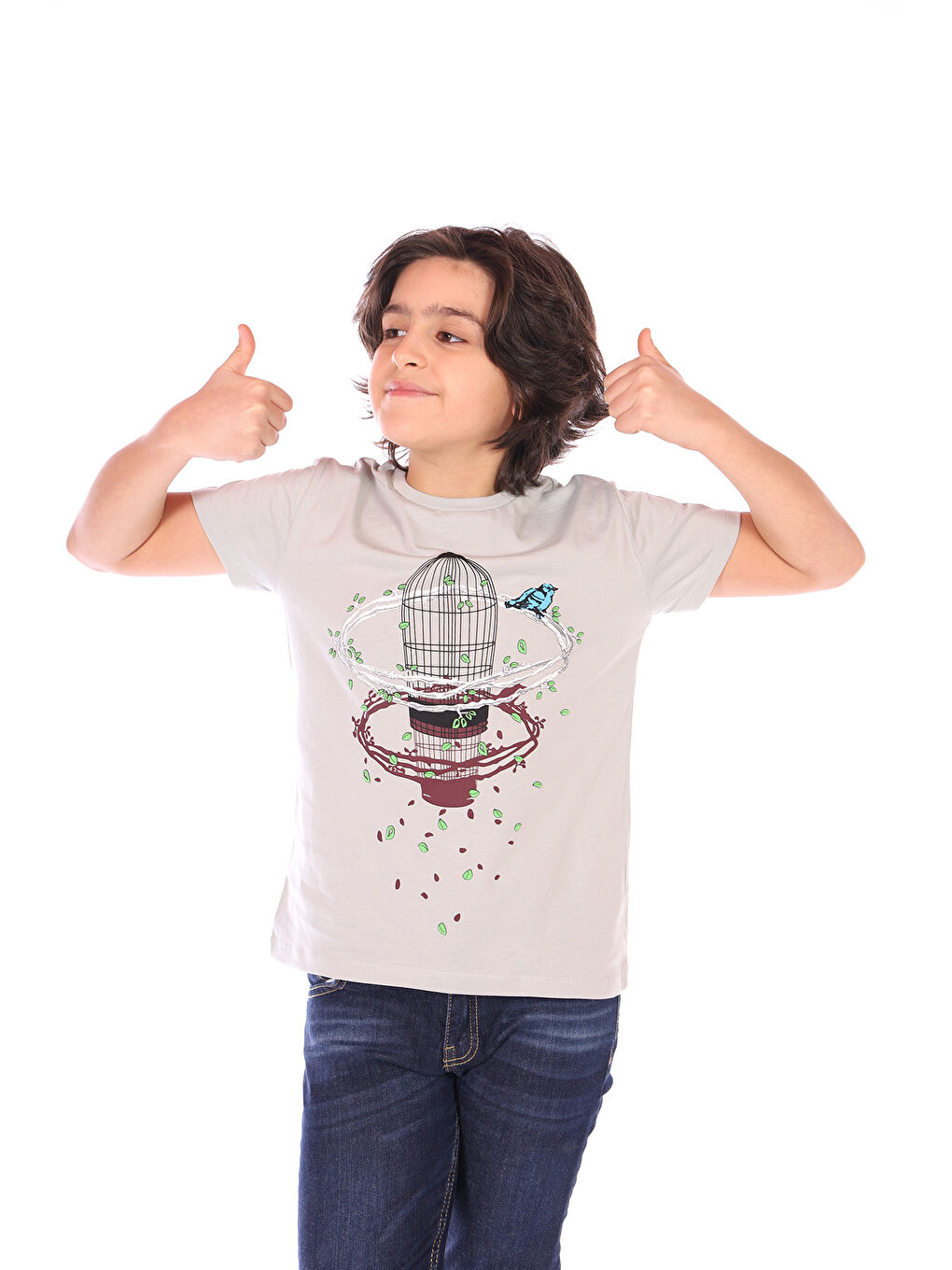 Gri Erkek Çocuk Kafes Baskılı Tişört-1