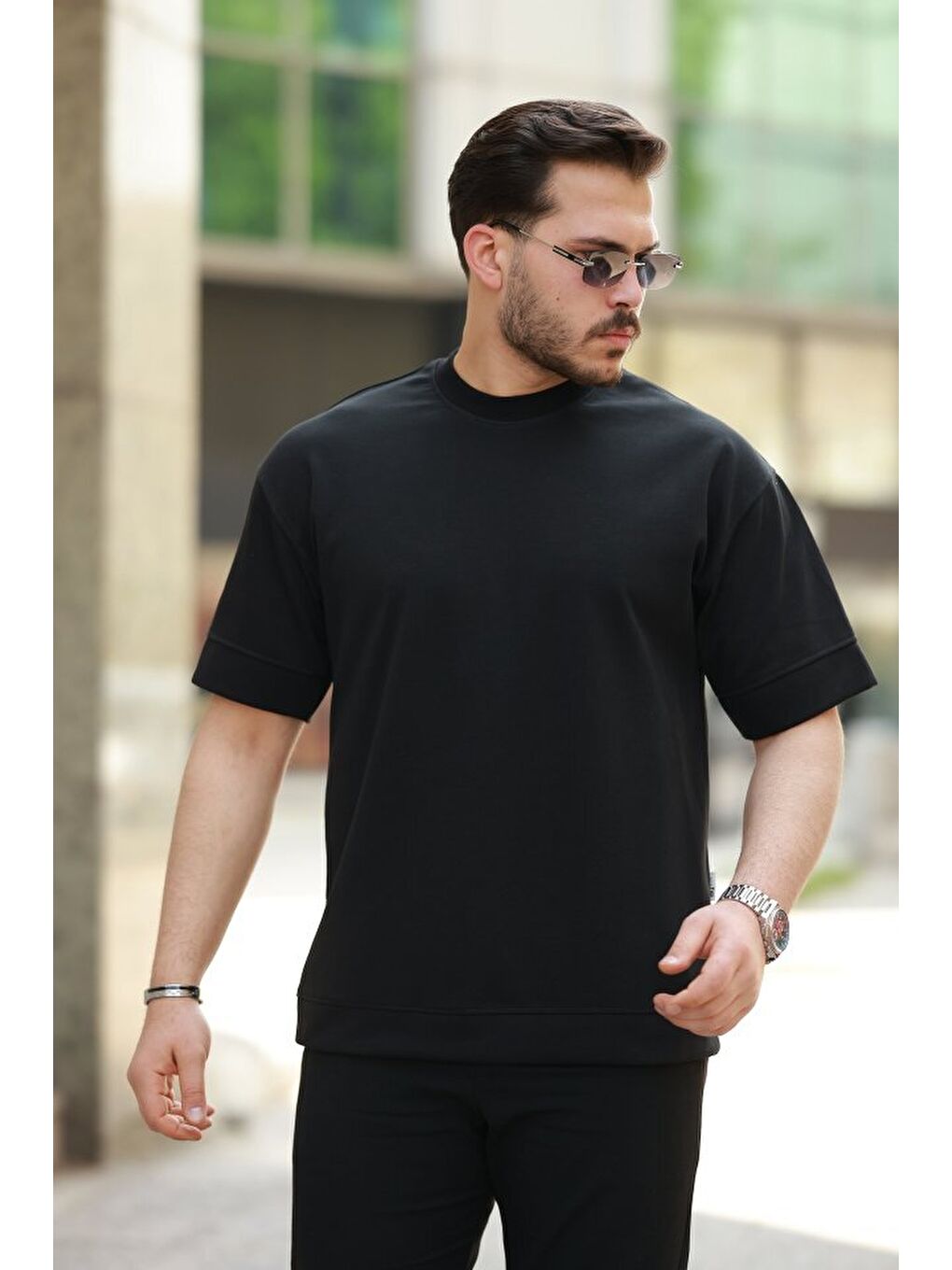 Siyah Erkek Basic Oversize Double Face Kumaş Kısa Kollu Tshirt