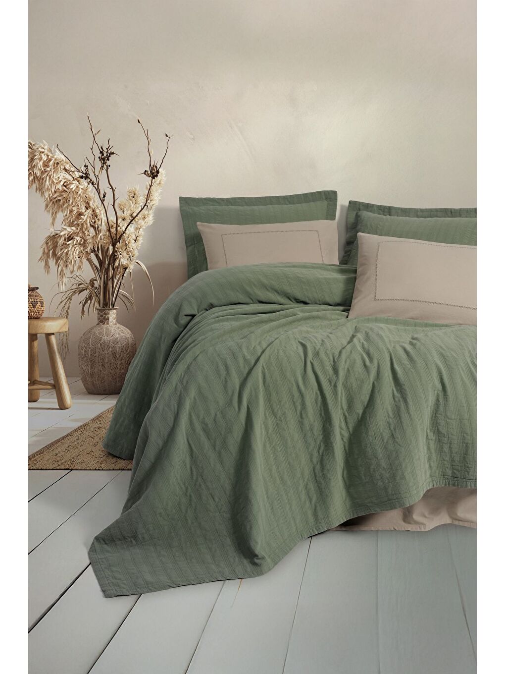 Karışık Pamuk Box Natura Çift Kişilik Yatak Örtüsü / Pike Takımı Vilo Yesil