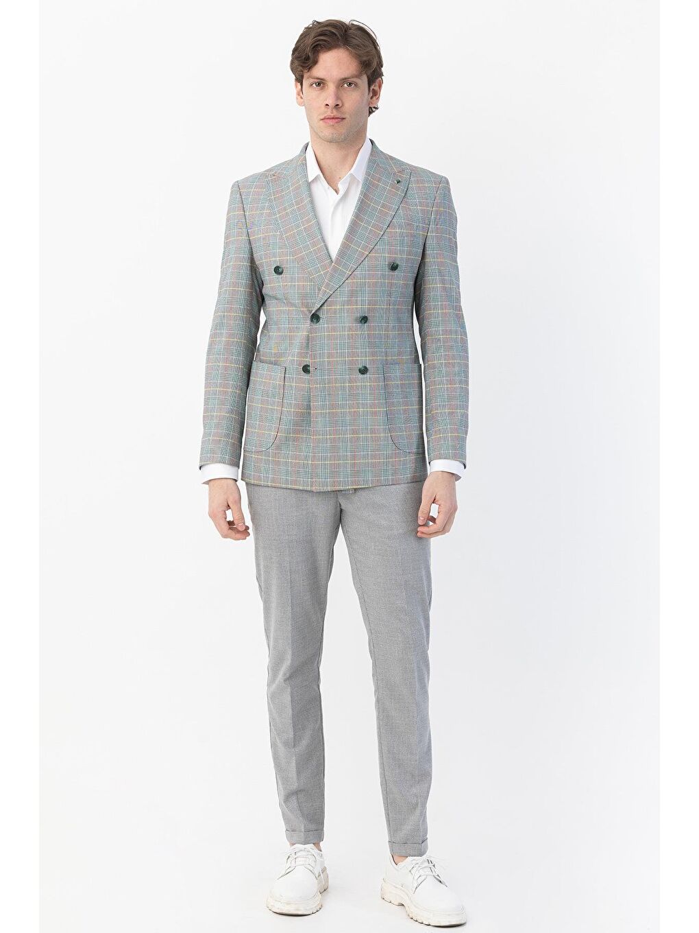 Giotelli Yeşil Regular Fit Sivri Yaka Kruvaze Ekose Casual Ceket-1