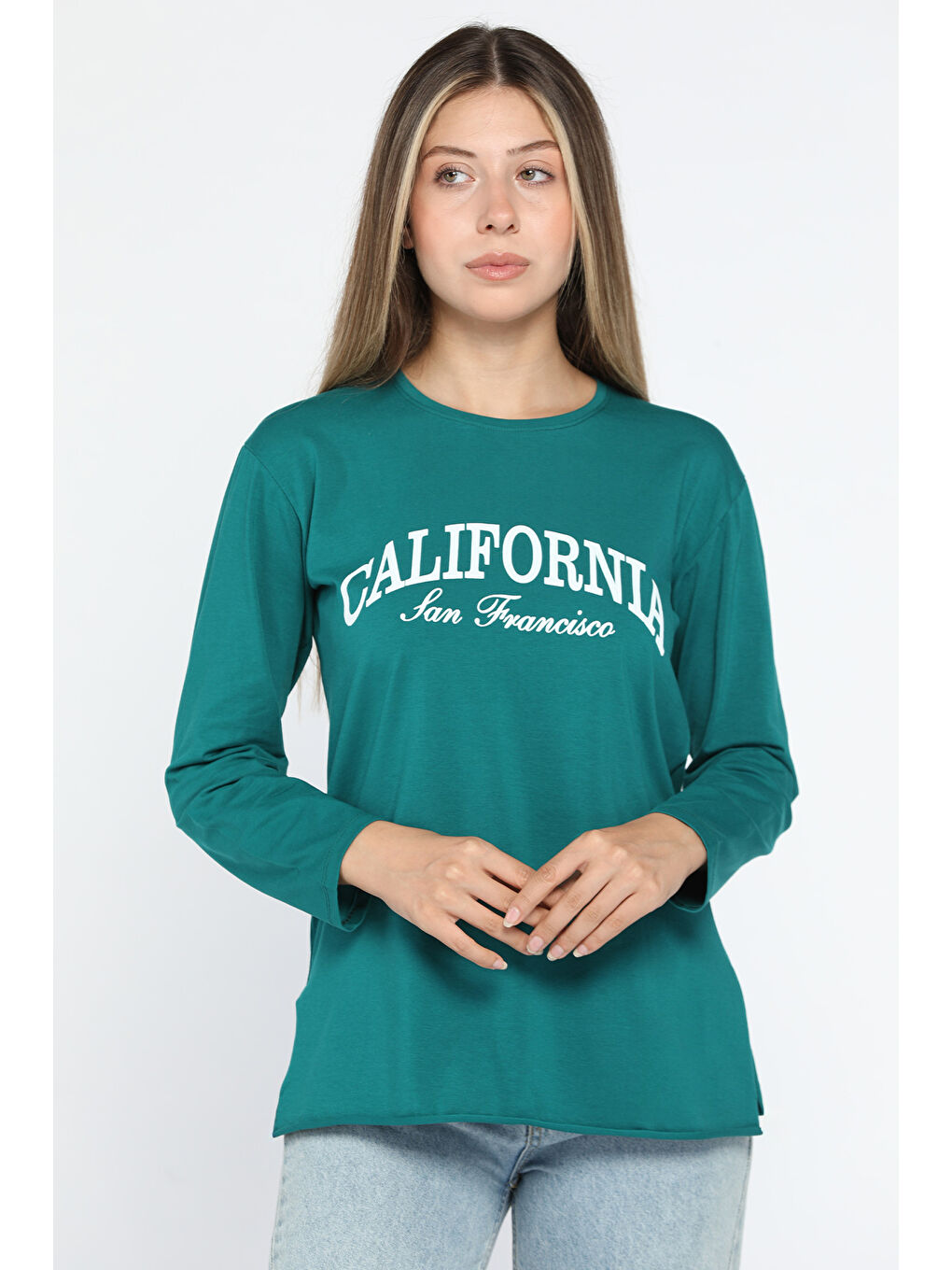 GÜLSELİ Yeşil California Baskılı Bisiklet Yaka Yan Yırtmaçlı Penye Sweatshirt