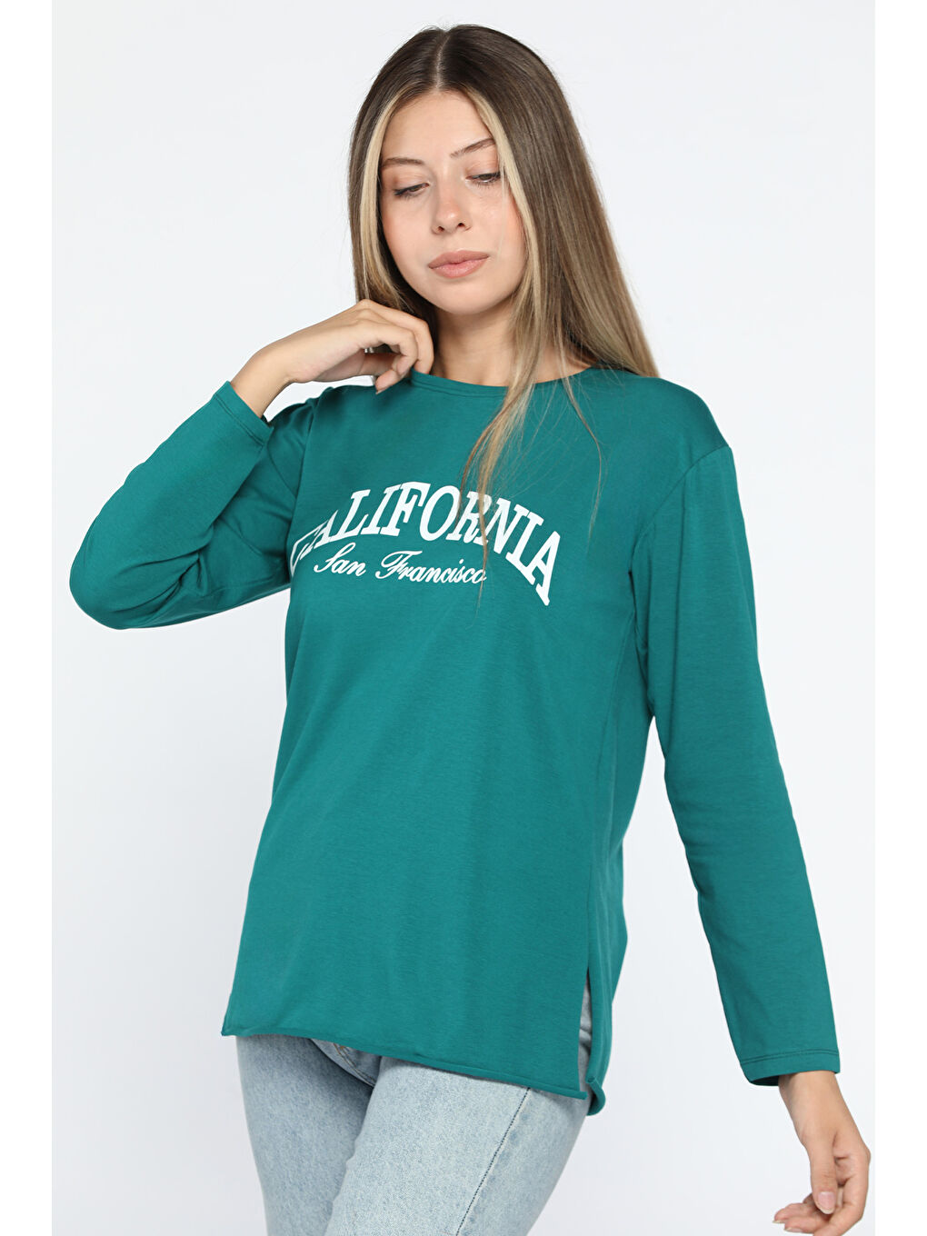 GÜLSELİ Yeşil California Baskılı Bisiklet Yaka Yan Yırtmaçlı Penye Sweatshirt - 1