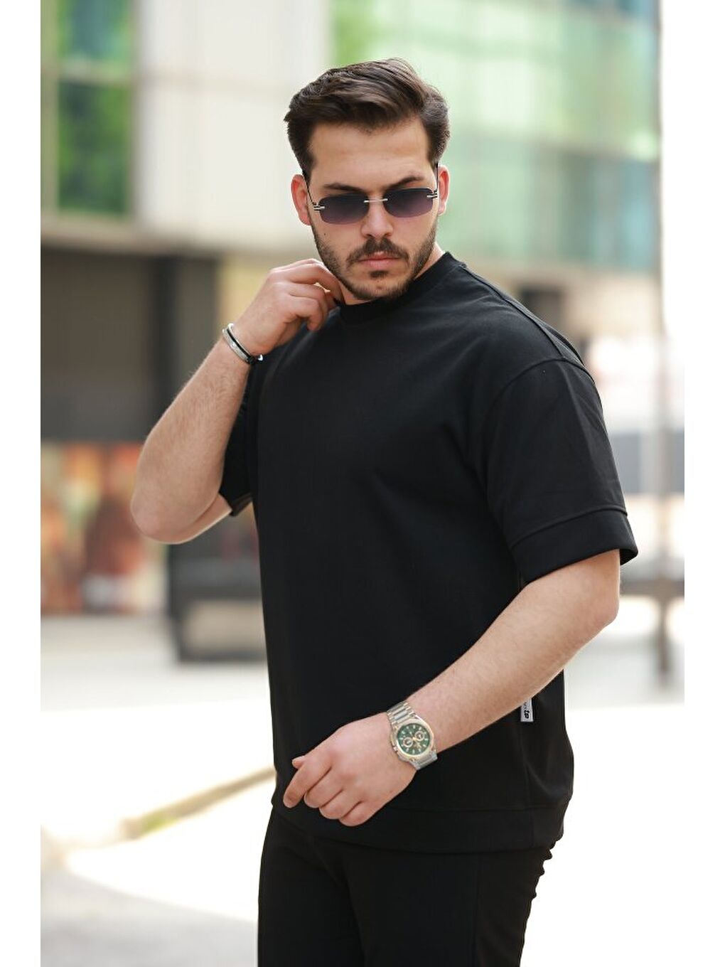 Siyah Erkek Basic Oversize Double Face Kumaş Kısa Kollu Tshirt-1