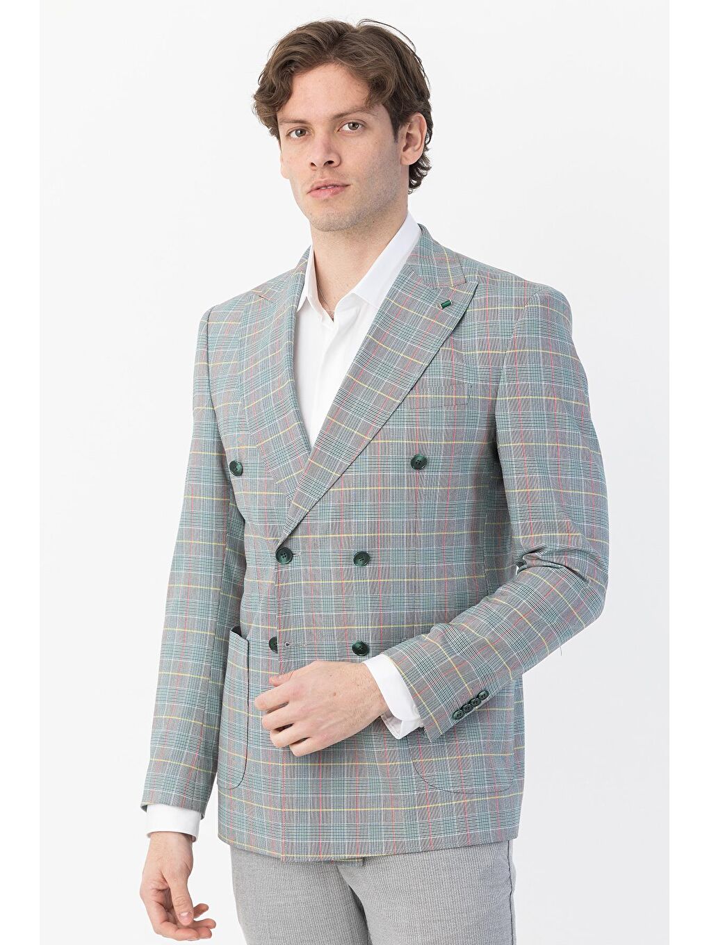 Giotelli Yeşil Regular Fit Sivri Yaka Kruvaze Ekose Casual Ceket-3
