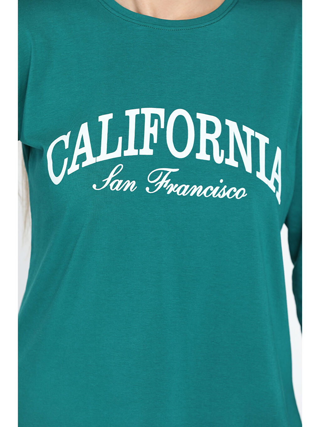 GÜLSELİ Yeşil California Baskılı Bisiklet Yaka Yan Yırtmaçlı Penye Sweatshirt - 3