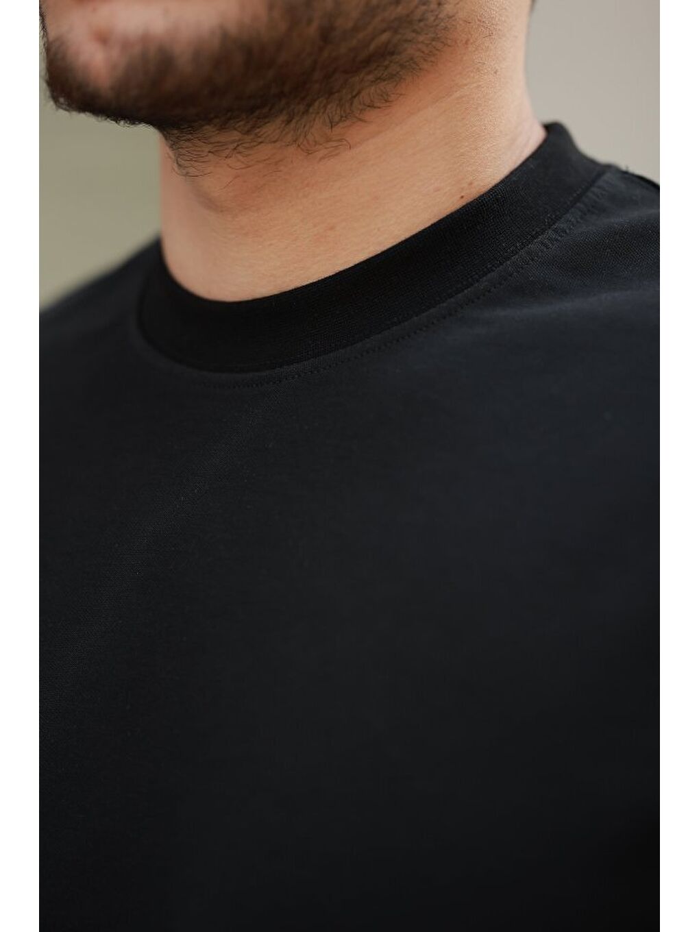 Siyah Erkek Basic Oversize Double Face Kumaş Kısa Kollu Tshirt-2