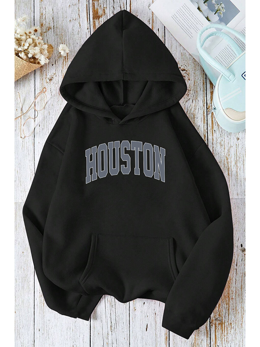 Siyah Houston Baskılı Oversize Sweatshirt
