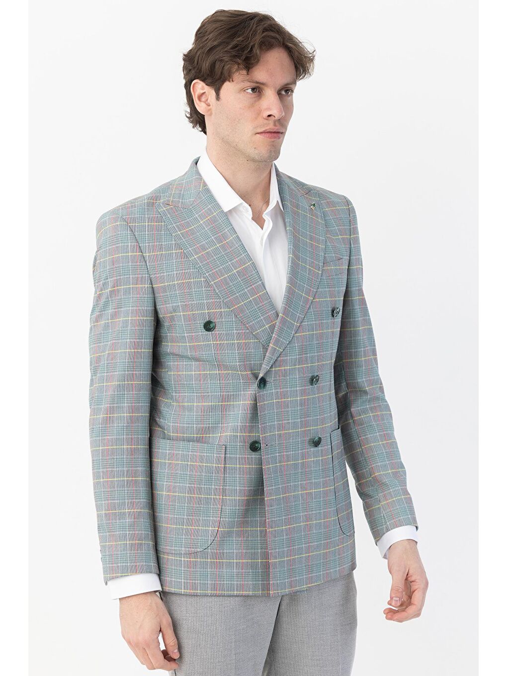 Giotelli Yeşil Regular Fit Sivri Yaka Kruvaze Ekose Casual Ceket-5