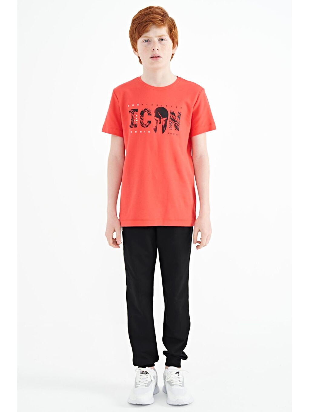 Kırmızı Coral Ön Yazı Nakışlı O Yaka Standart Kalıp Erkek  Çocuk Tişört - 11118-1