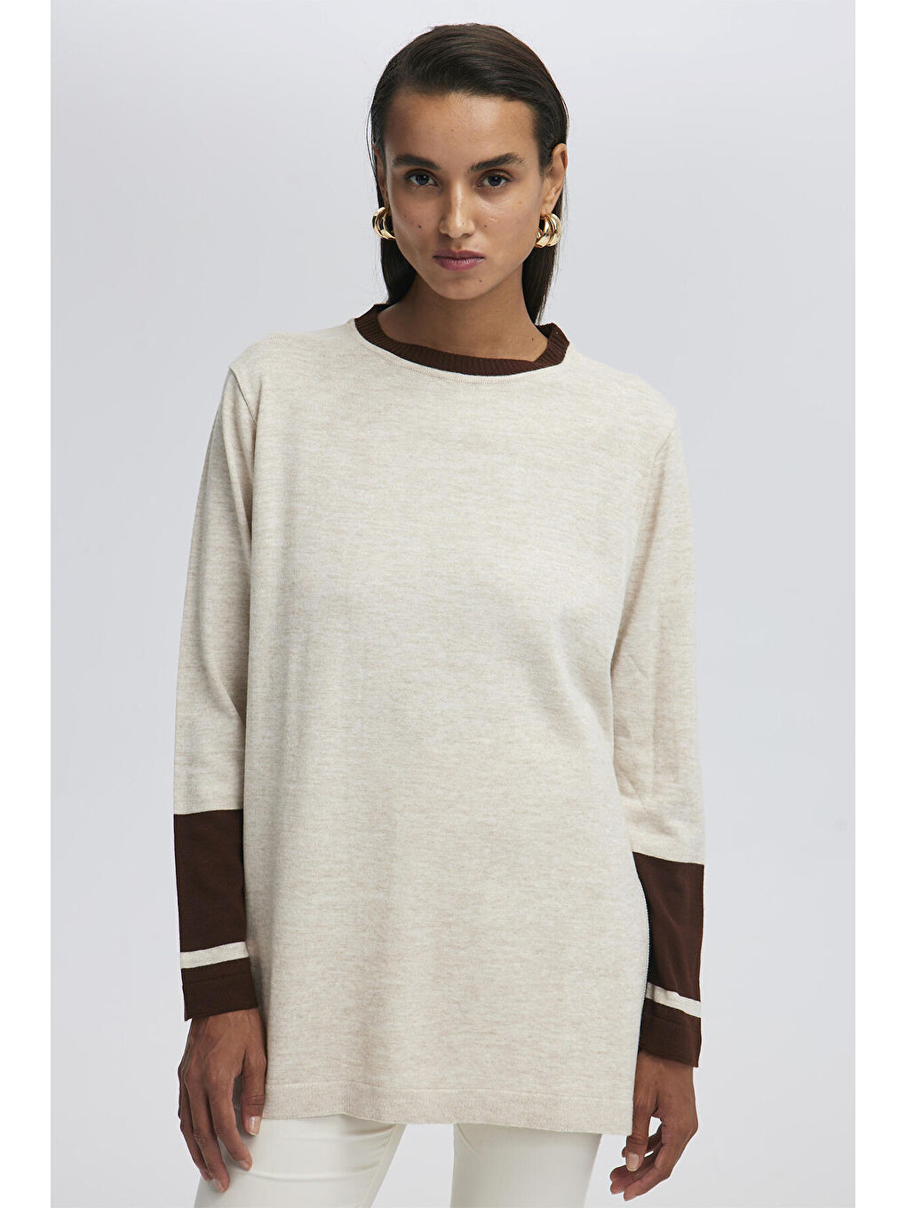 Bej Yırtmaç Detaylı Triko Tunik-1