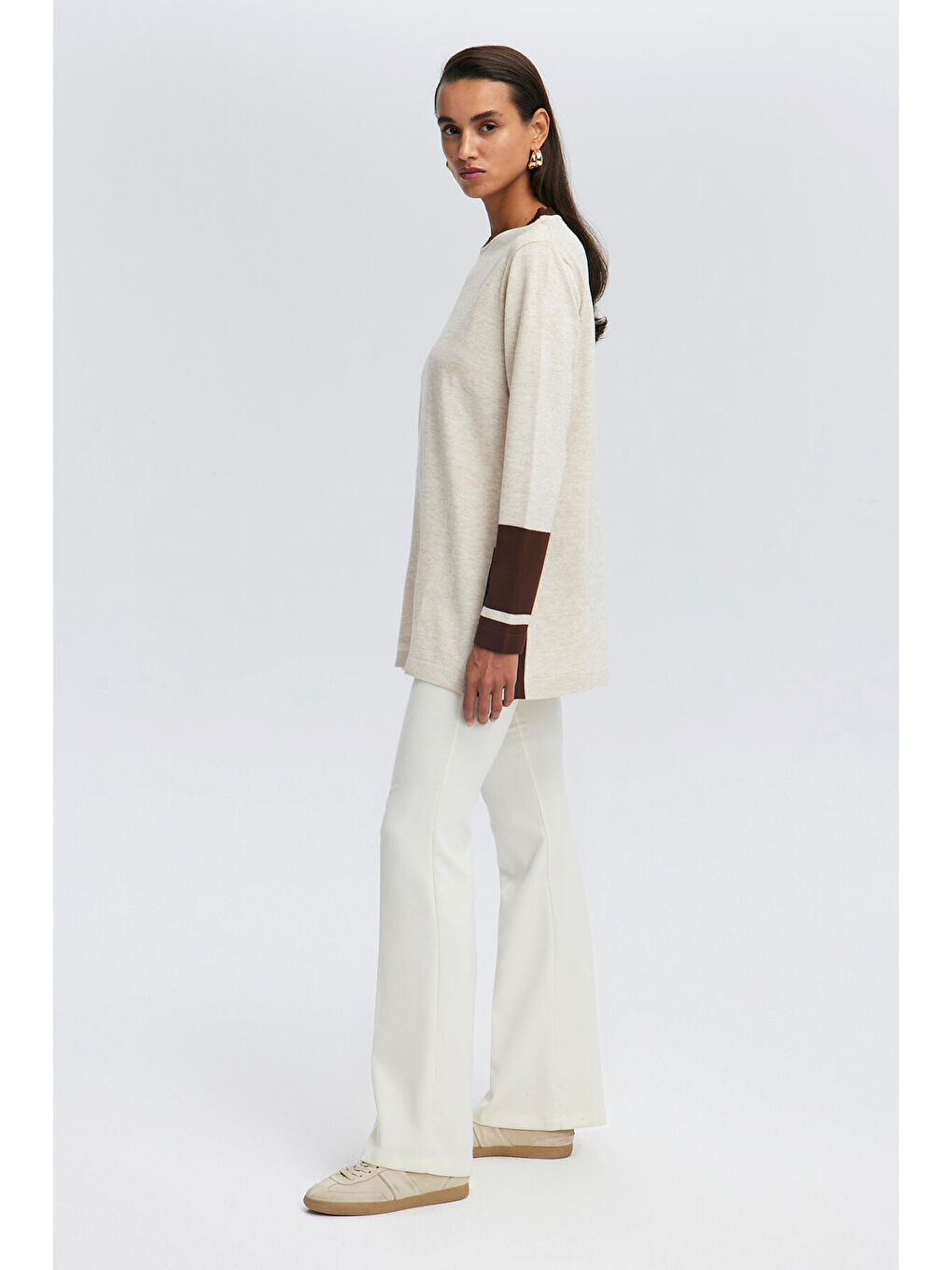 Bej Yırtmaç Detaylı Triko Tunik-2