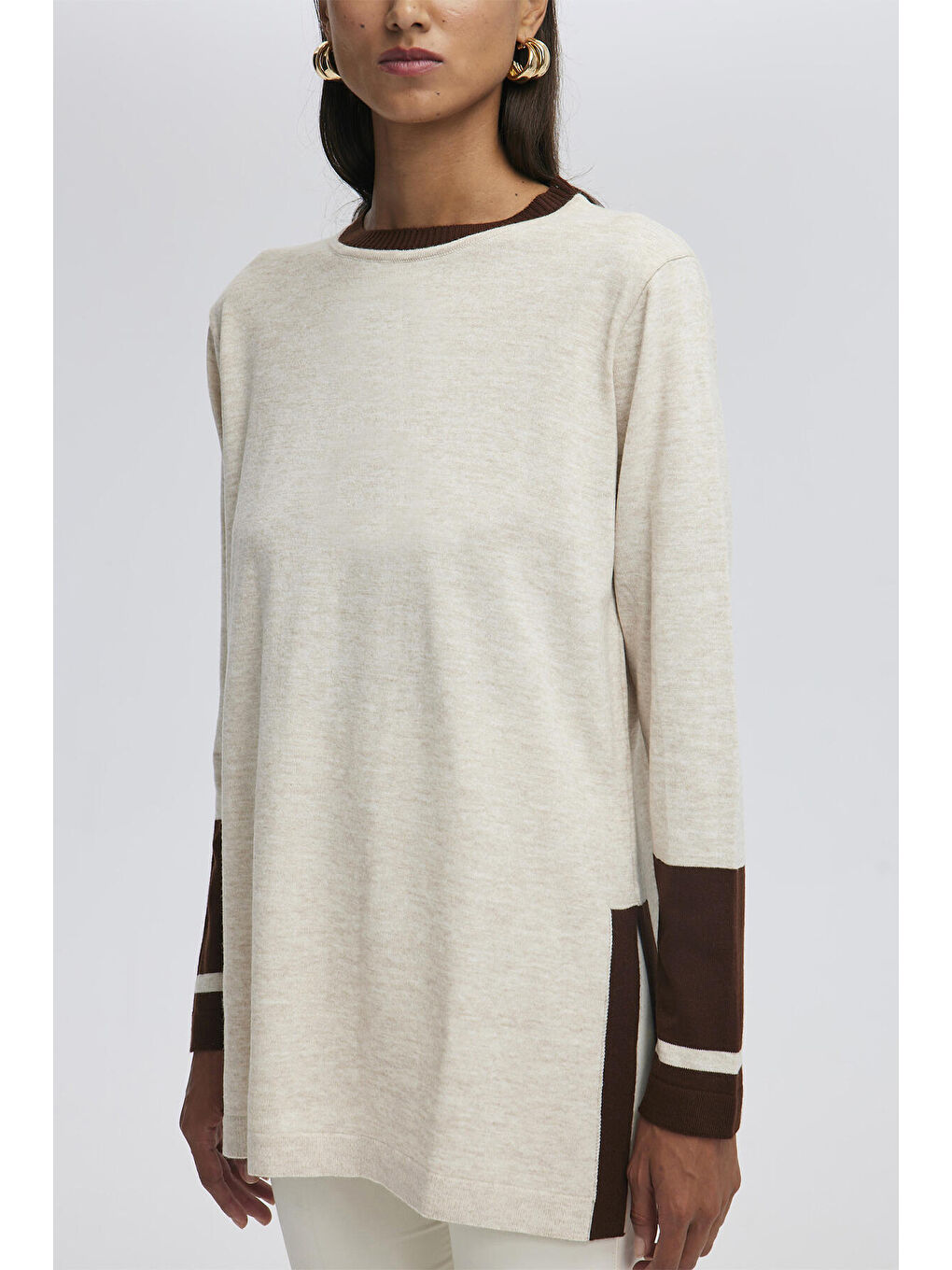 Bej Yırtmaç Detaylı Triko Tunik-4