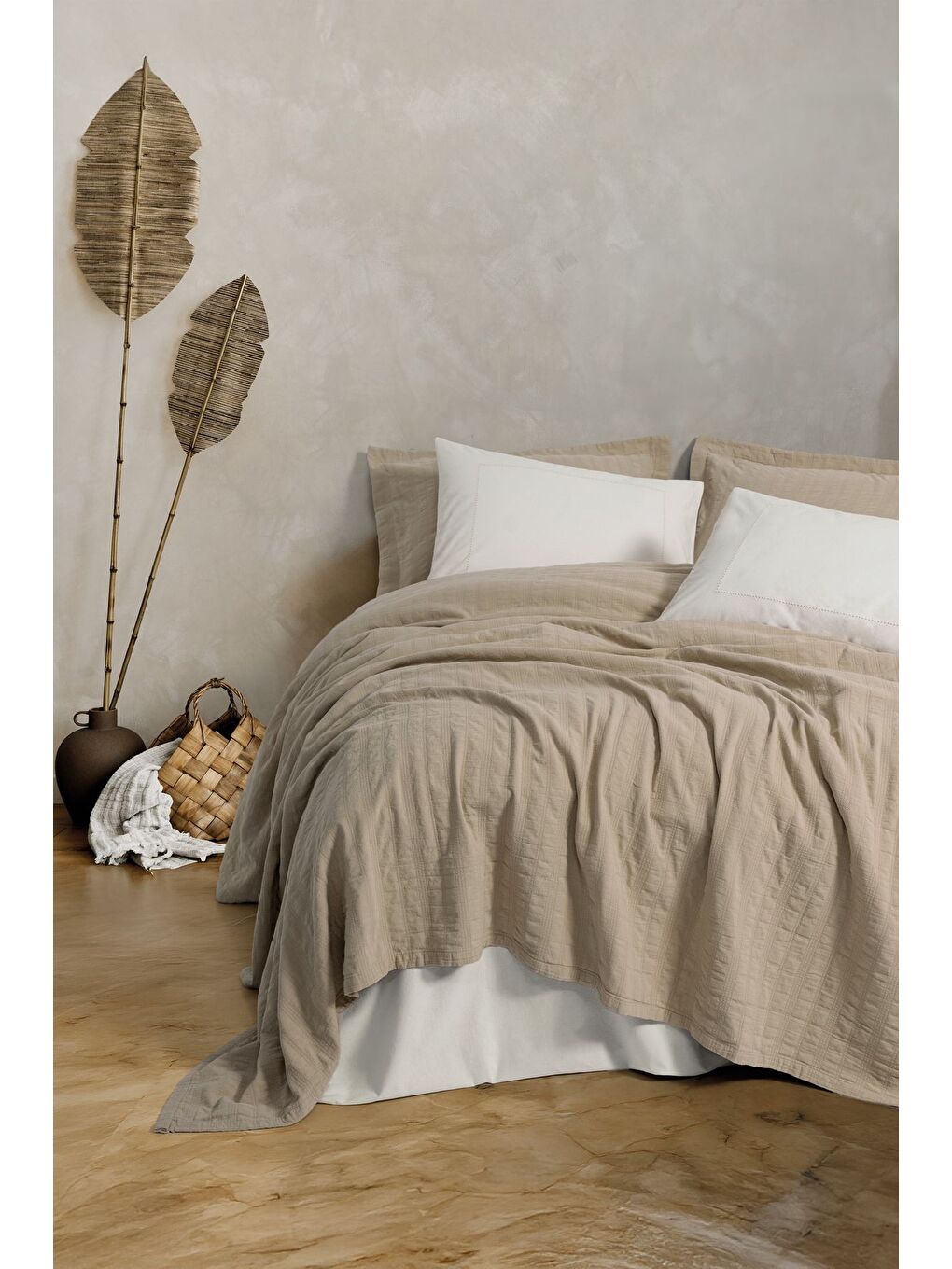 Karışık Pamuk Box Natura Çift Kişilik Yatak Örtüsü / Pike Takımı Vilo Bej