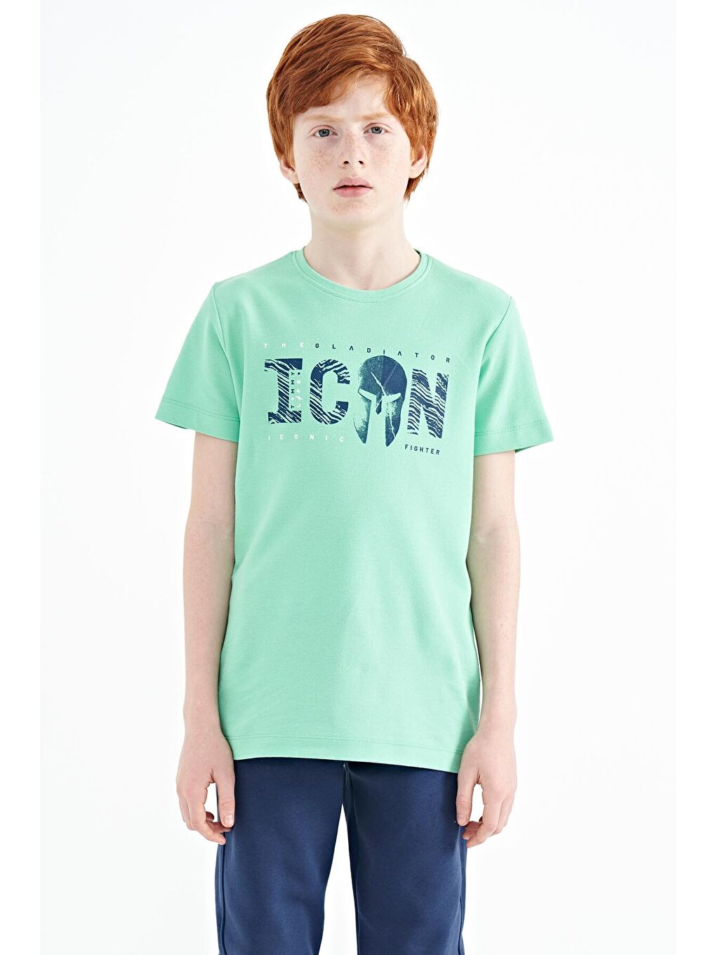 Turkuaz Su Yeşili Ön Yazı Nakışlı O Yaka Standart Kalıp Erkek  Çocuk Tişört - 11118