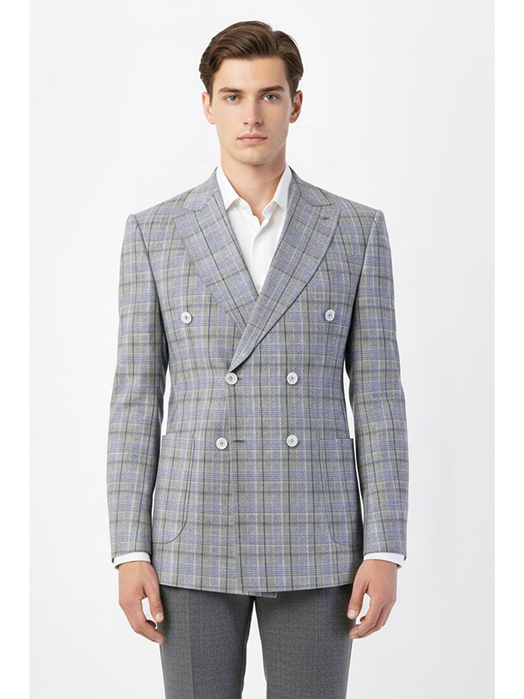 Giotelli Gri Regular Fit Sivri Yaka Kruvaze Ekose Casual Ceket