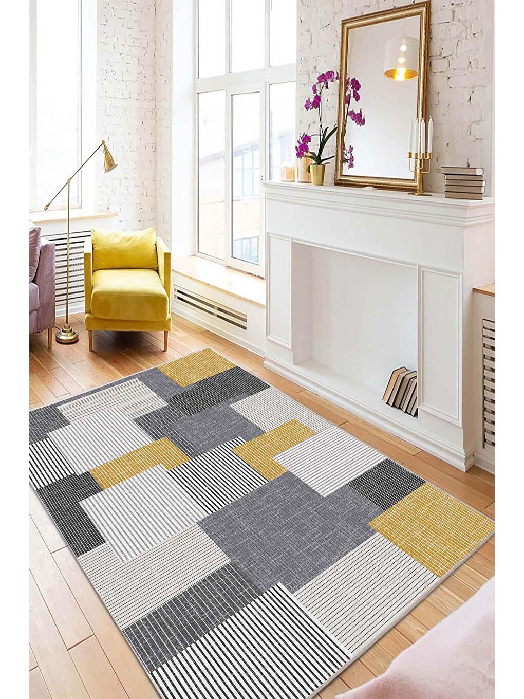 Gri Pamuk Taban, Yıkanabilir, Kaydırmaz Taban, Modern Halı  120 x 180 cm