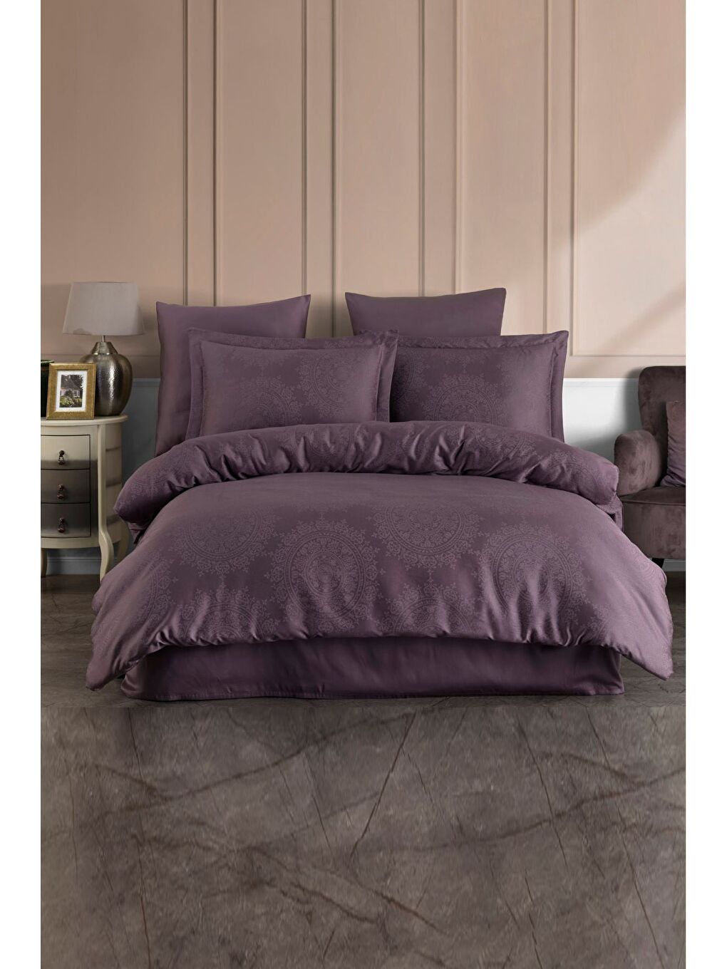 Karışık Liyosel Jakar Nevresim Takımı Tek Kişilik - Nothingham Mürdüm