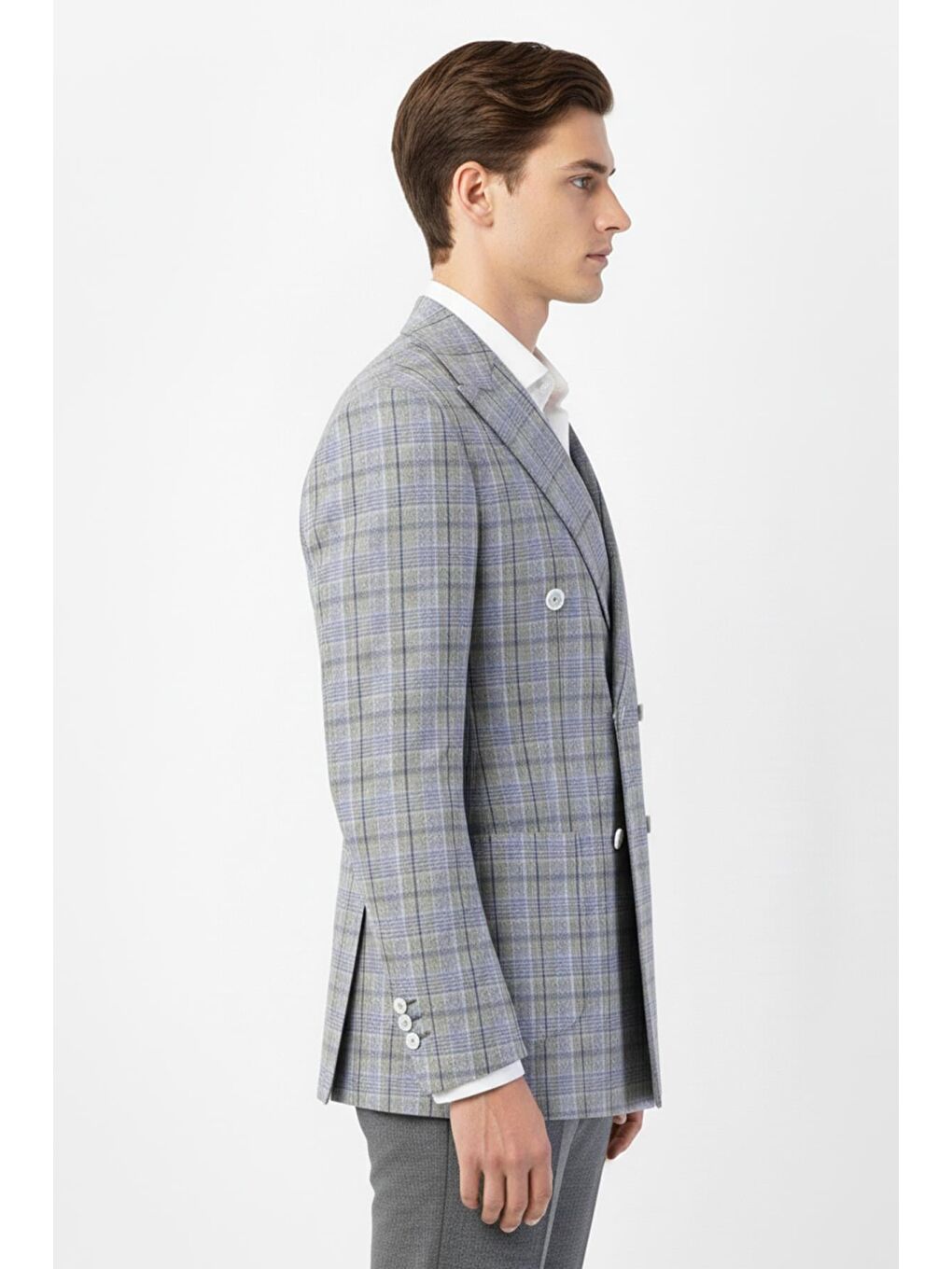 Giotelli Gri Regular Fit Sivri Yaka Kruvaze Ekose Casual Ceket-2