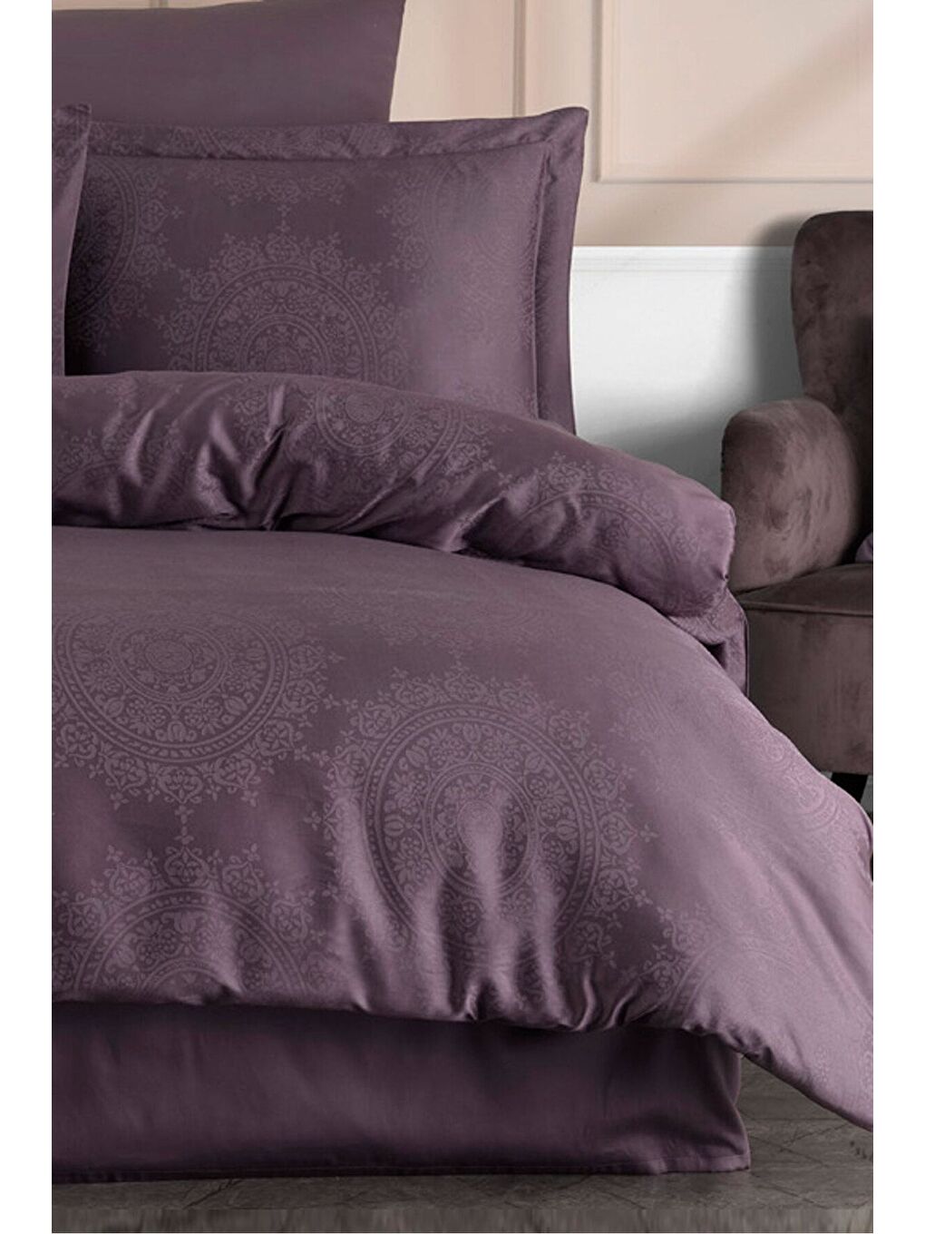 Karışık Liyosel Jakar Nevresim Takımı Tek Kişilik - Nothingham Mürdüm-1