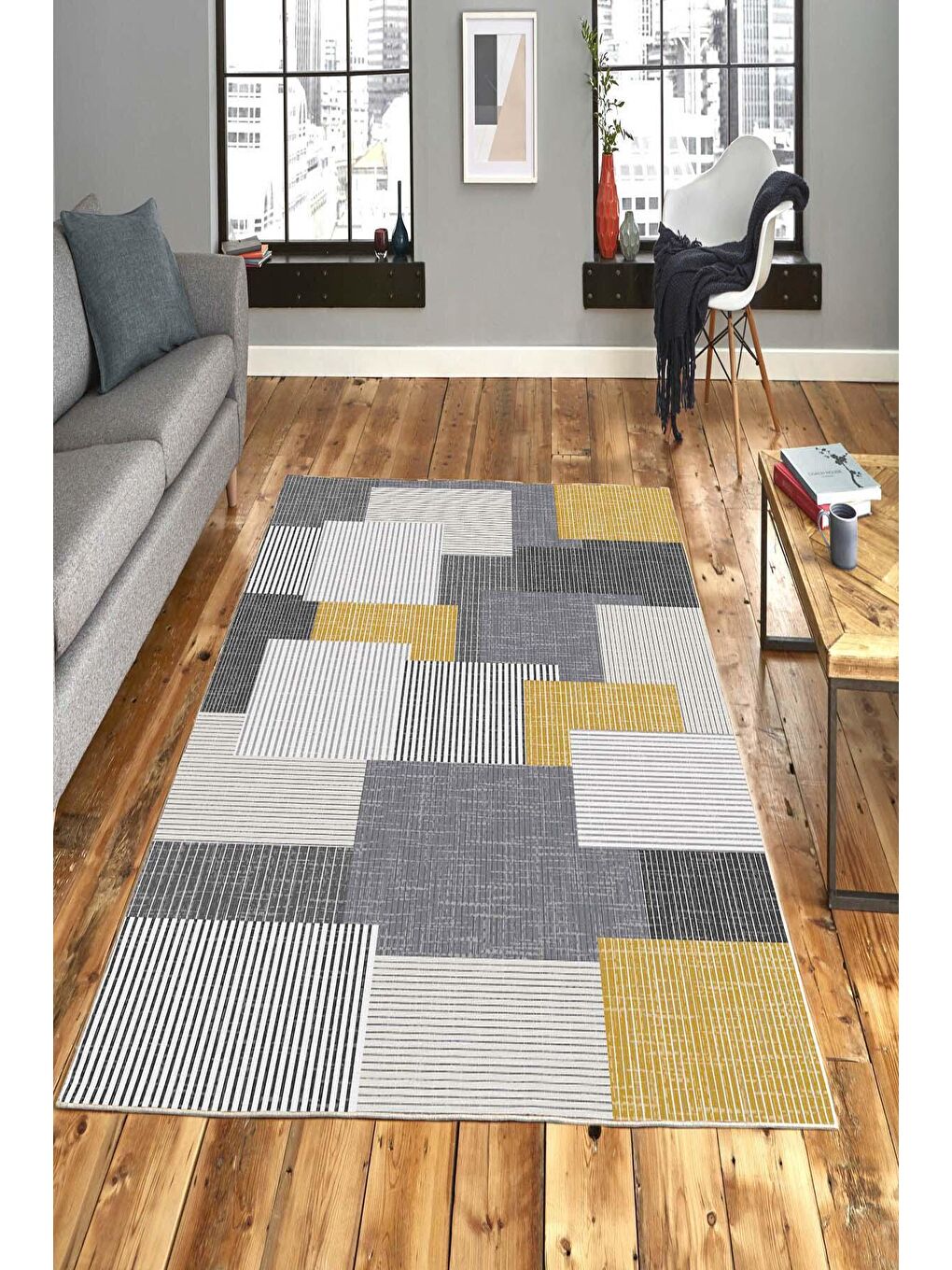 Gri Pamuk Taban, Yıkanabilir, Kaydırmaz Taban, Modern Halı  120 x 180 cm-1