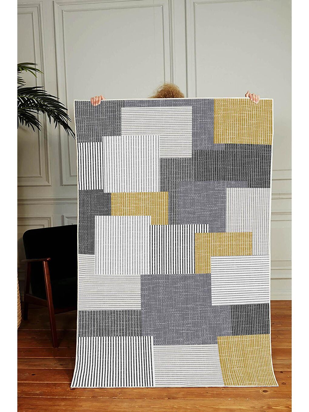 Gri Pamuk Taban, Yıkanabilir, Kaydırmaz Taban, Modern Halı  120 x 180 cm-2