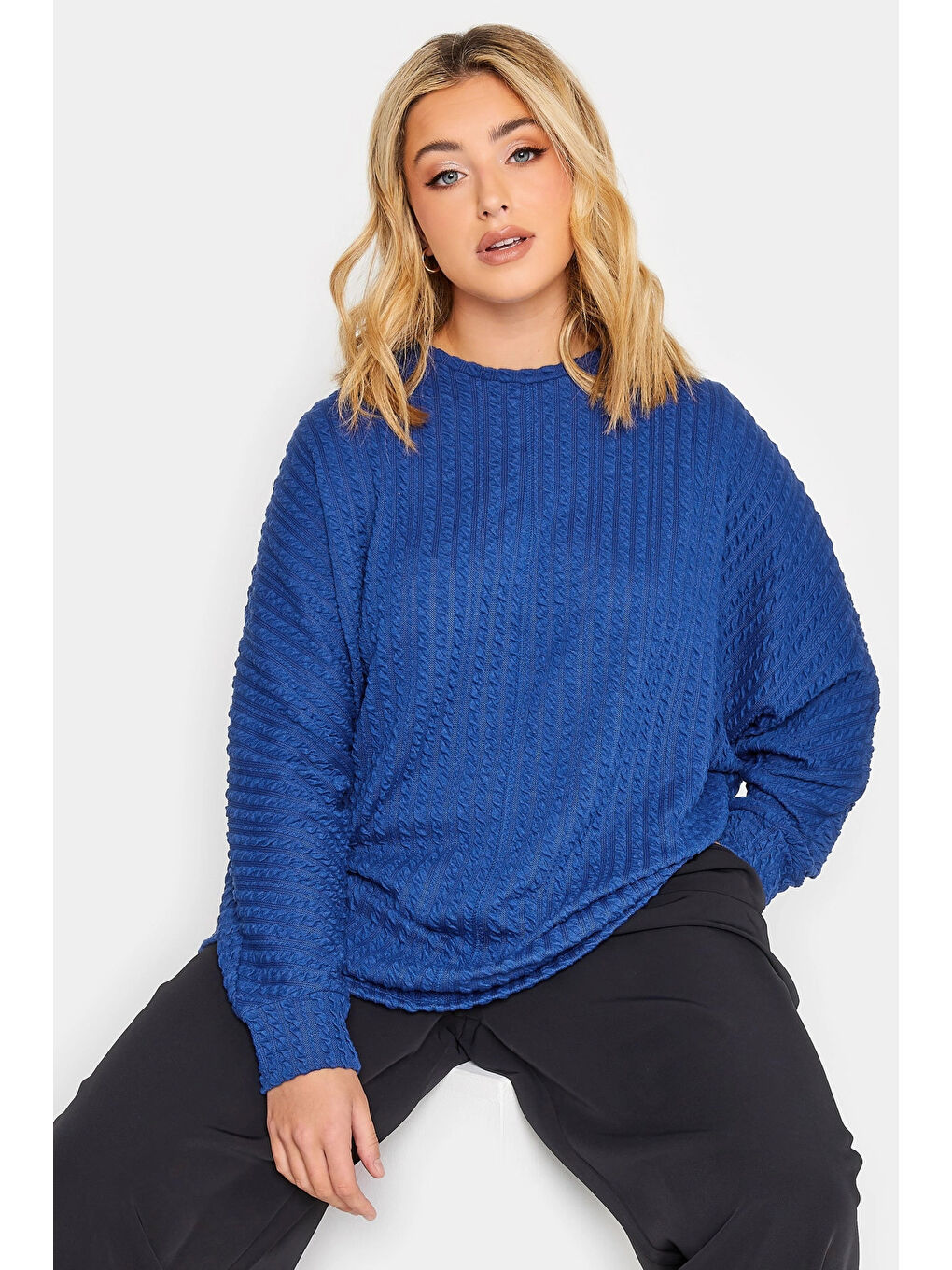 Mavi Büyük Beden Bisiklet Yaka Uzun Yarasa Kol İnce Bluz 301720-3