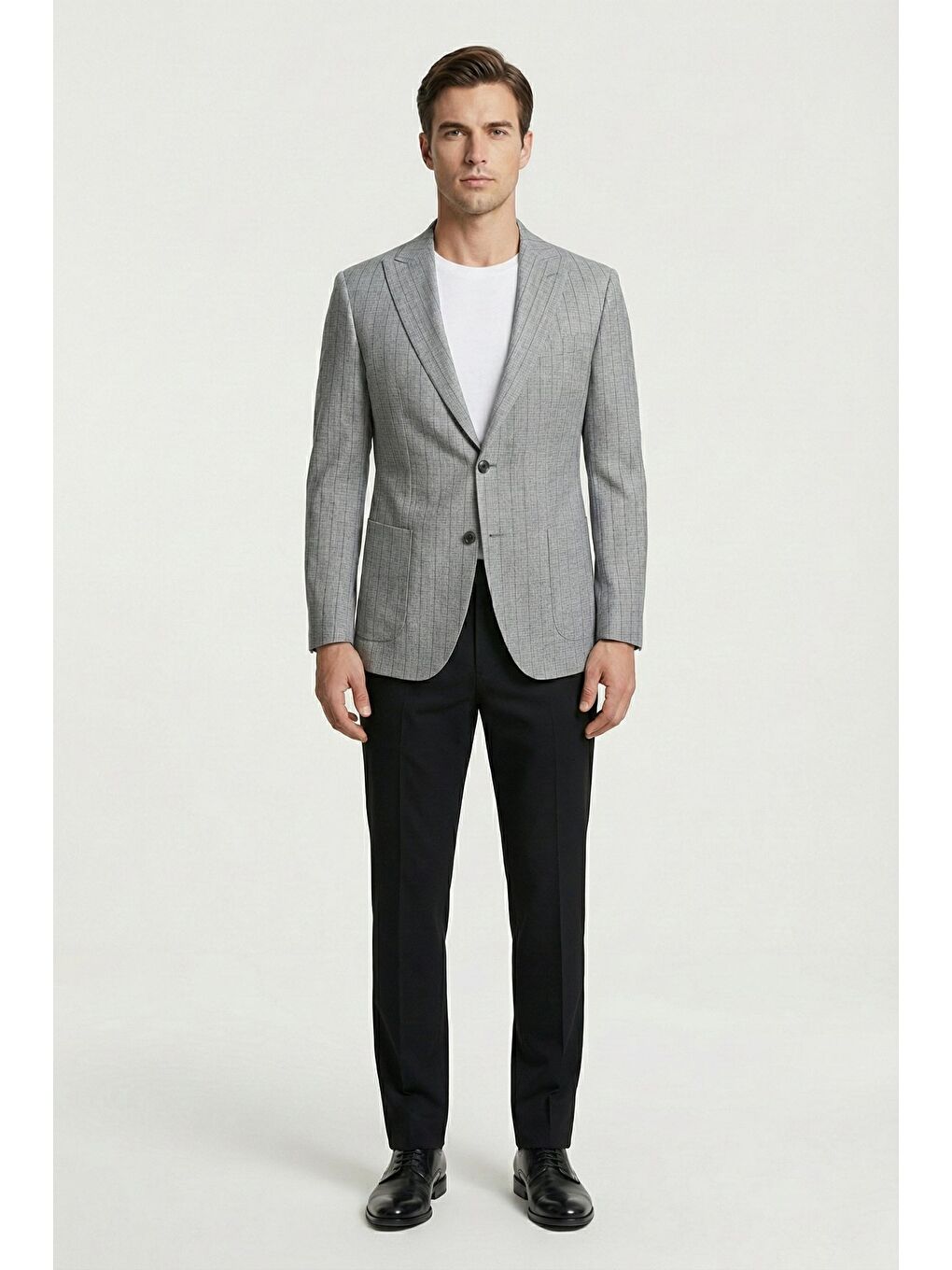 Giotelli Erkek Gri Roma Kalıp Çizgili Sivri Yaka 6 Drop Astarsız Standart Boy Ceket-1