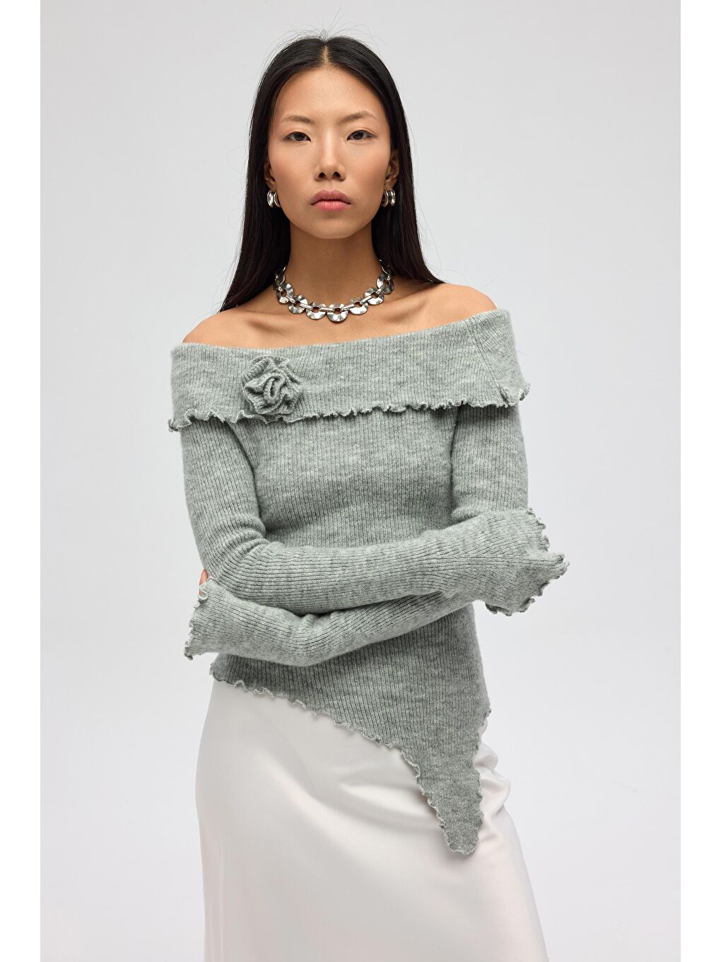 Casica Carmen Yaka Gri Triko Kazak