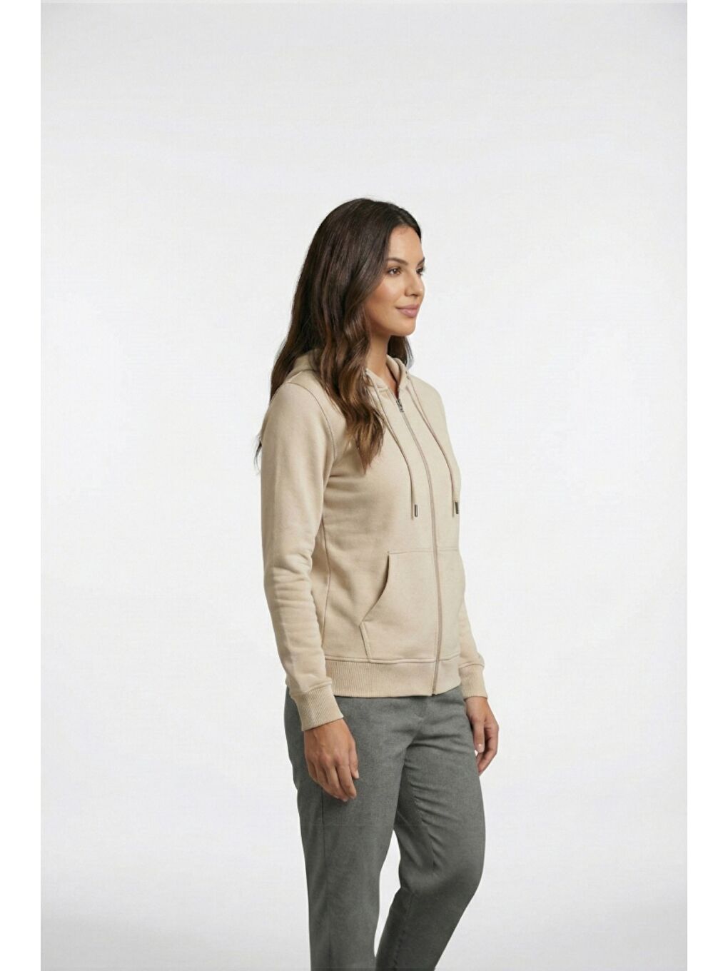 Bej %100 Pamuk Kapüşonlu Fermuarlı Basic Kadın Hırka-1