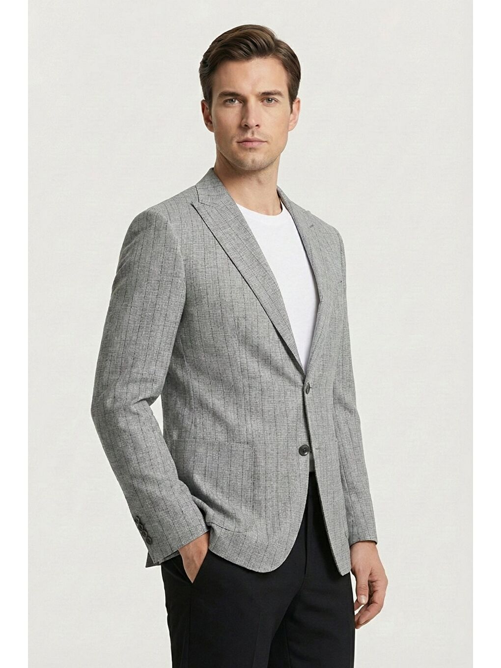 Giotelli Erkek Gri Roma Kalıp Çizgili Sivri Yaka 6 Drop Astarsız Standart Boy Ceket-2