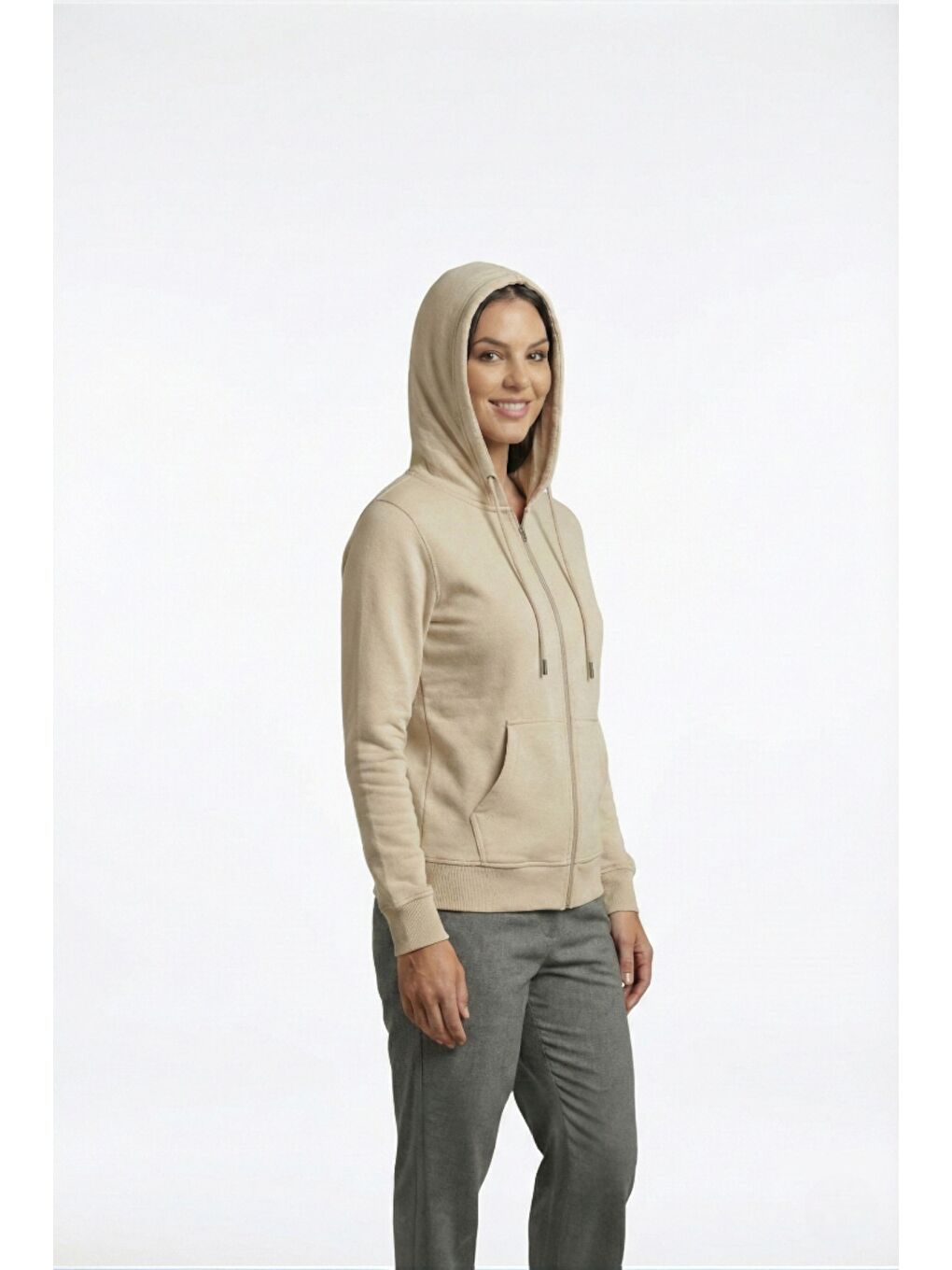 Bej %100 Pamuk Kapüşonlu Fermuarlı Basic Kadın Hırka-2