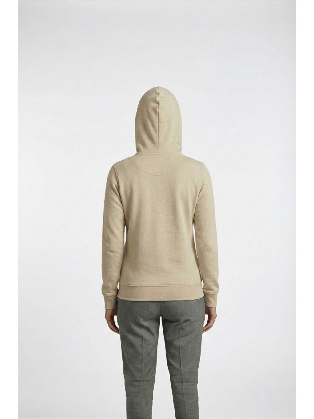 Bej %100 Pamuk Kapüşonlu Fermuarlı Basic Kadın Hırka-3
