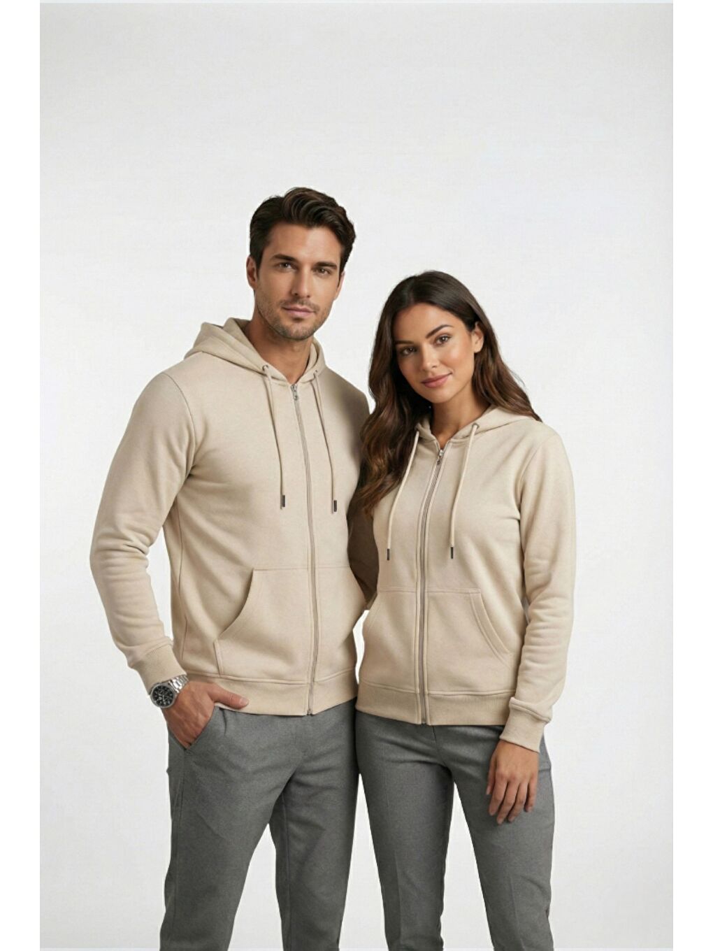 Bej %100 Pamuk Kapüşonlu Fermuarlı Basic Kadın Hırka-4