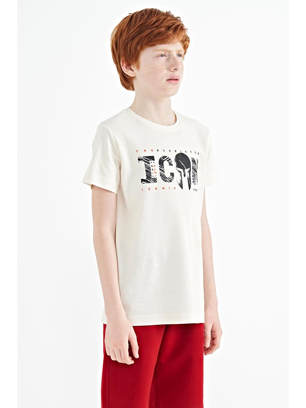 Ekru Ön Yazı Nakışlı O Yaka Standart Kalıp Erkek  Çocuk Tişört - 11118-4