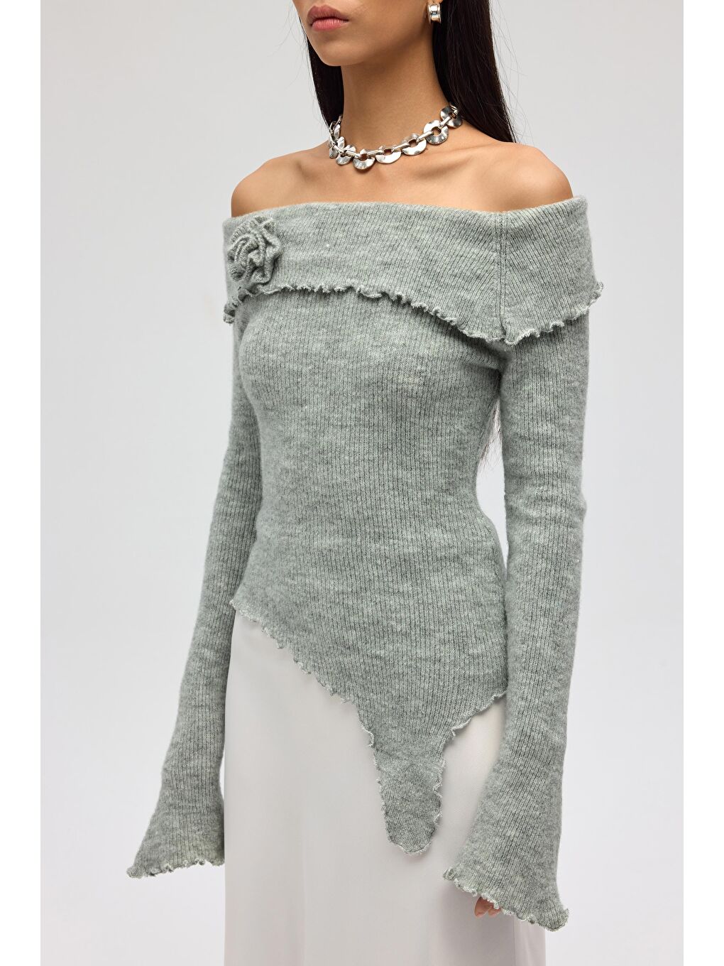 Casica Carmen Yaka Gri Triko Kazak-2