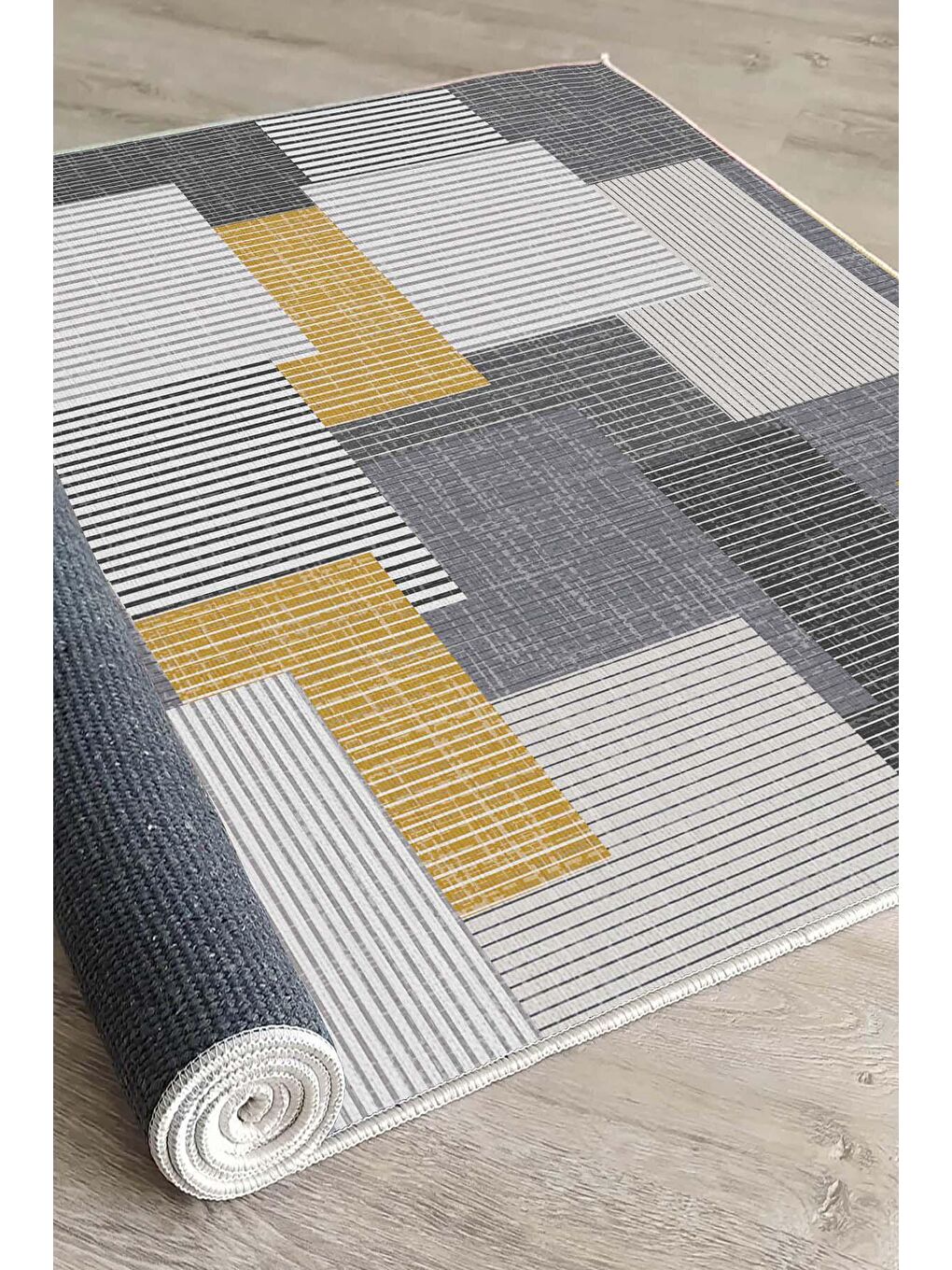 Gri Pamuk Taban, Yıkanabilir, Kaydırmaz Taban, Modern Halı  120 x 180 cm-3