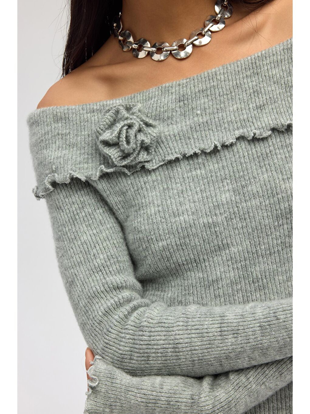 Casica Carmen Yaka Gri Triko Kazak-6