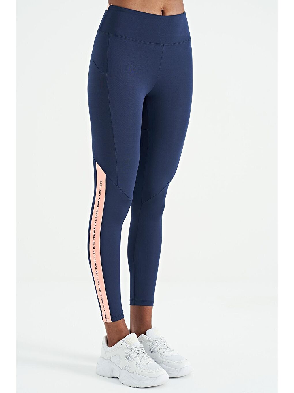 İndigo Ön Arka Şerit Detaylı Gizli Cepli Yüksek Bel Slim Fit Kadın Tayt - 94630-2