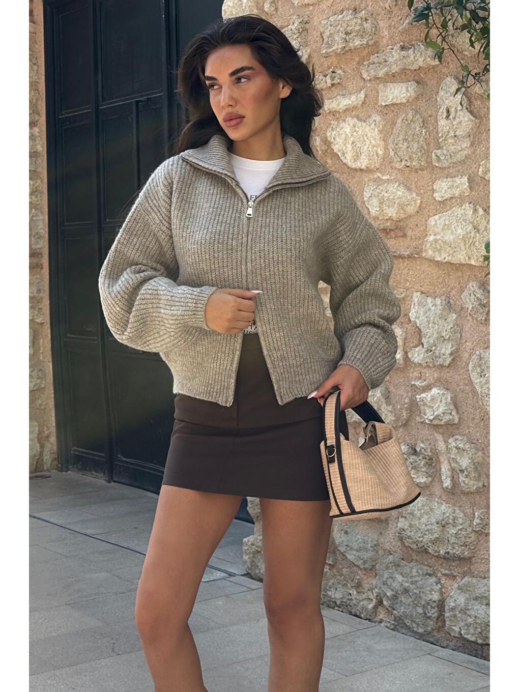 Bej Vizon Çift Fermuarlı Kadın Triko Hırka Mg2532-1