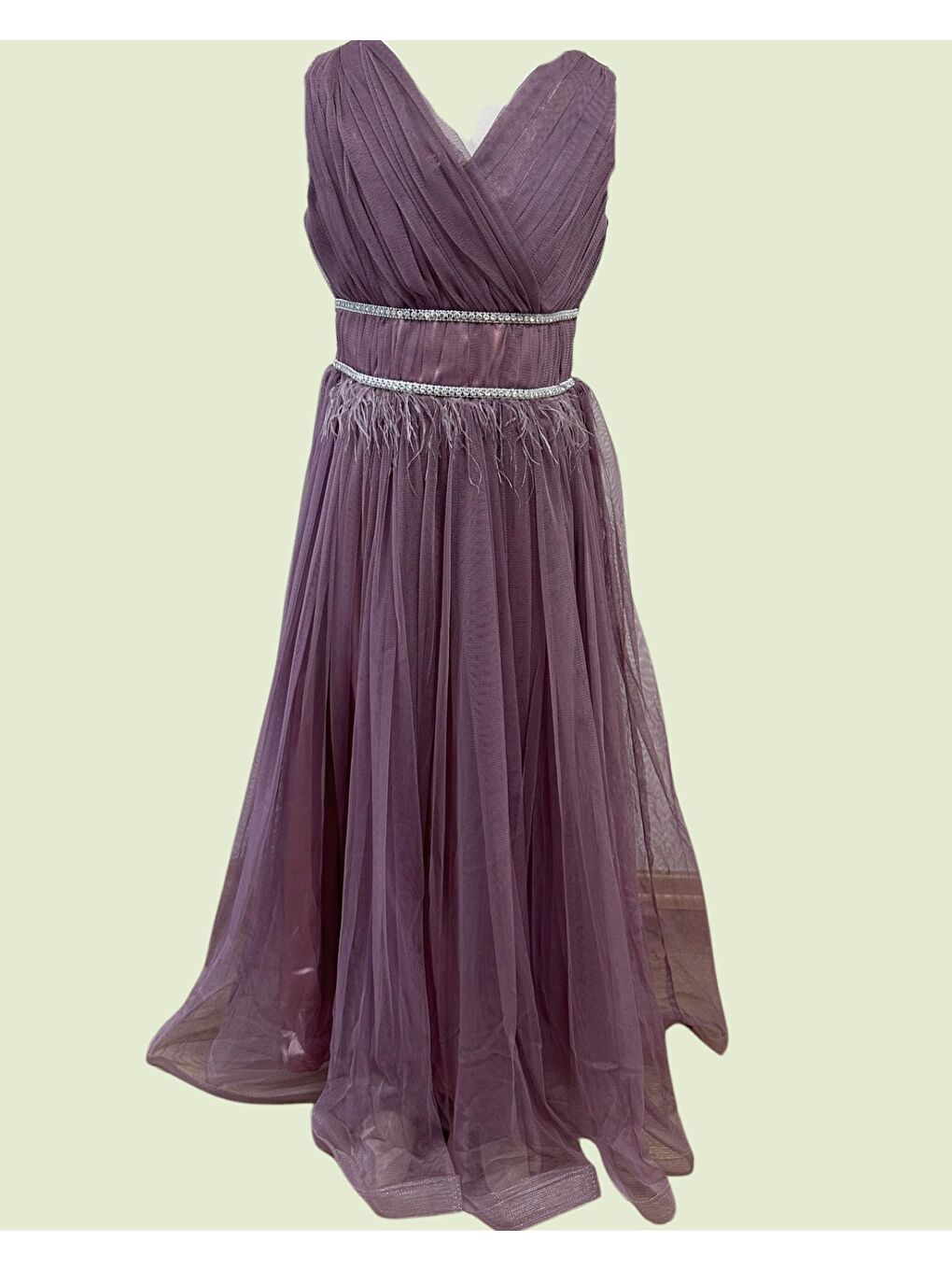 Mor Beli Taşlı Askılı Abiye 8128