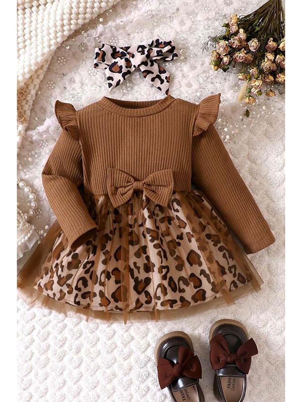 Kız Çocuk Leopar Desenli Tül Detaylı Kahverengi Elbise
