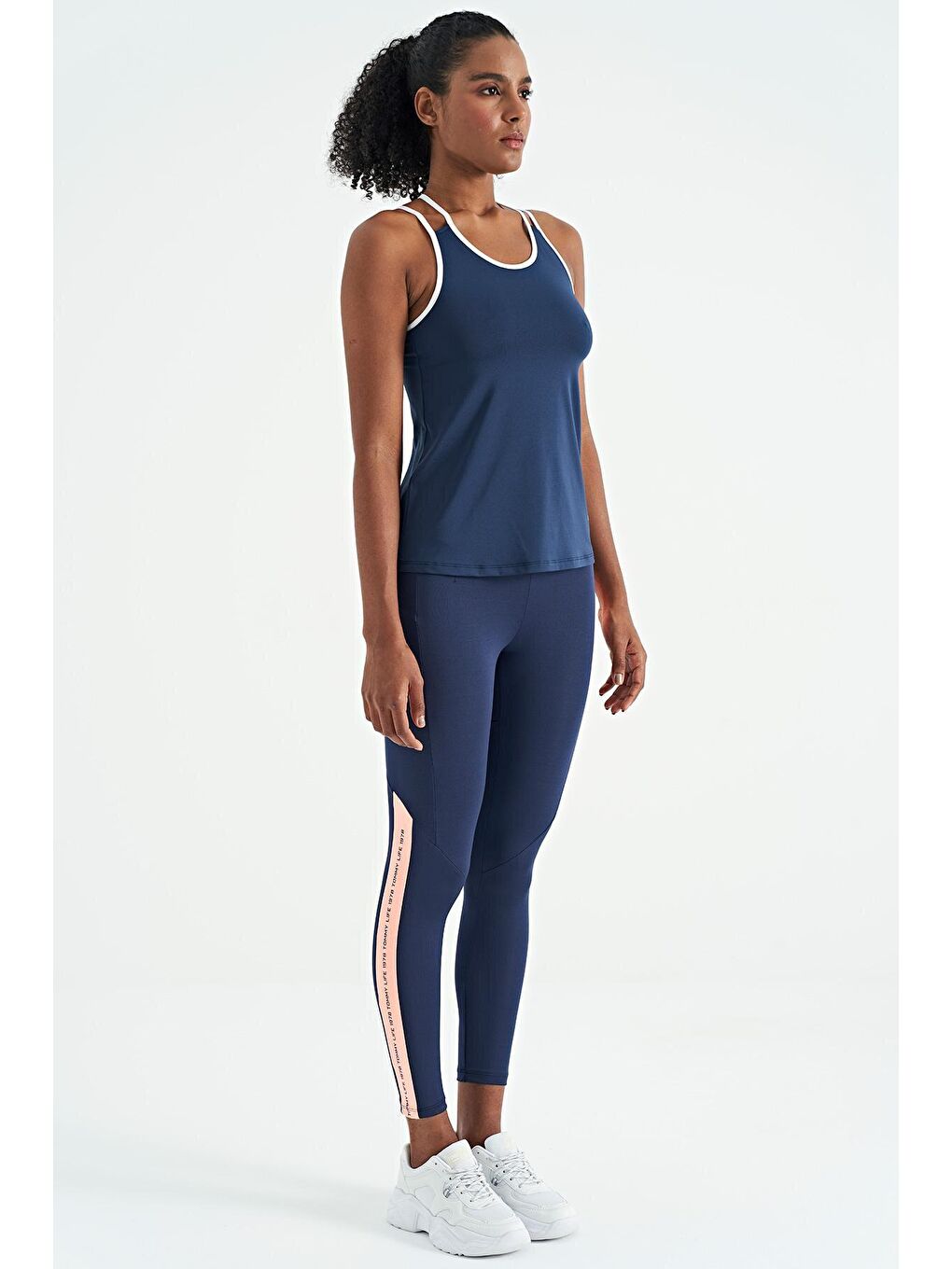 İndigo Ön Arka Şerit Detaylı Gizli Cepli Yüksek Bel Slim Fit Kadın Tayt - 94630-3