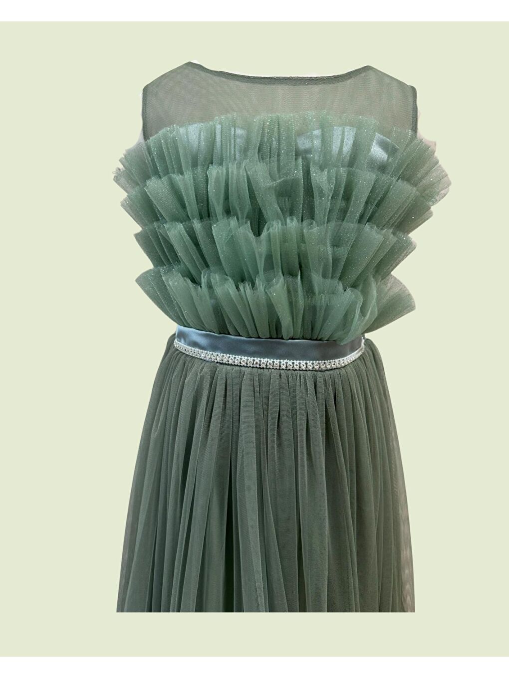 Yeşil Beli Taşlı Püsküllü Abiye 2307-1