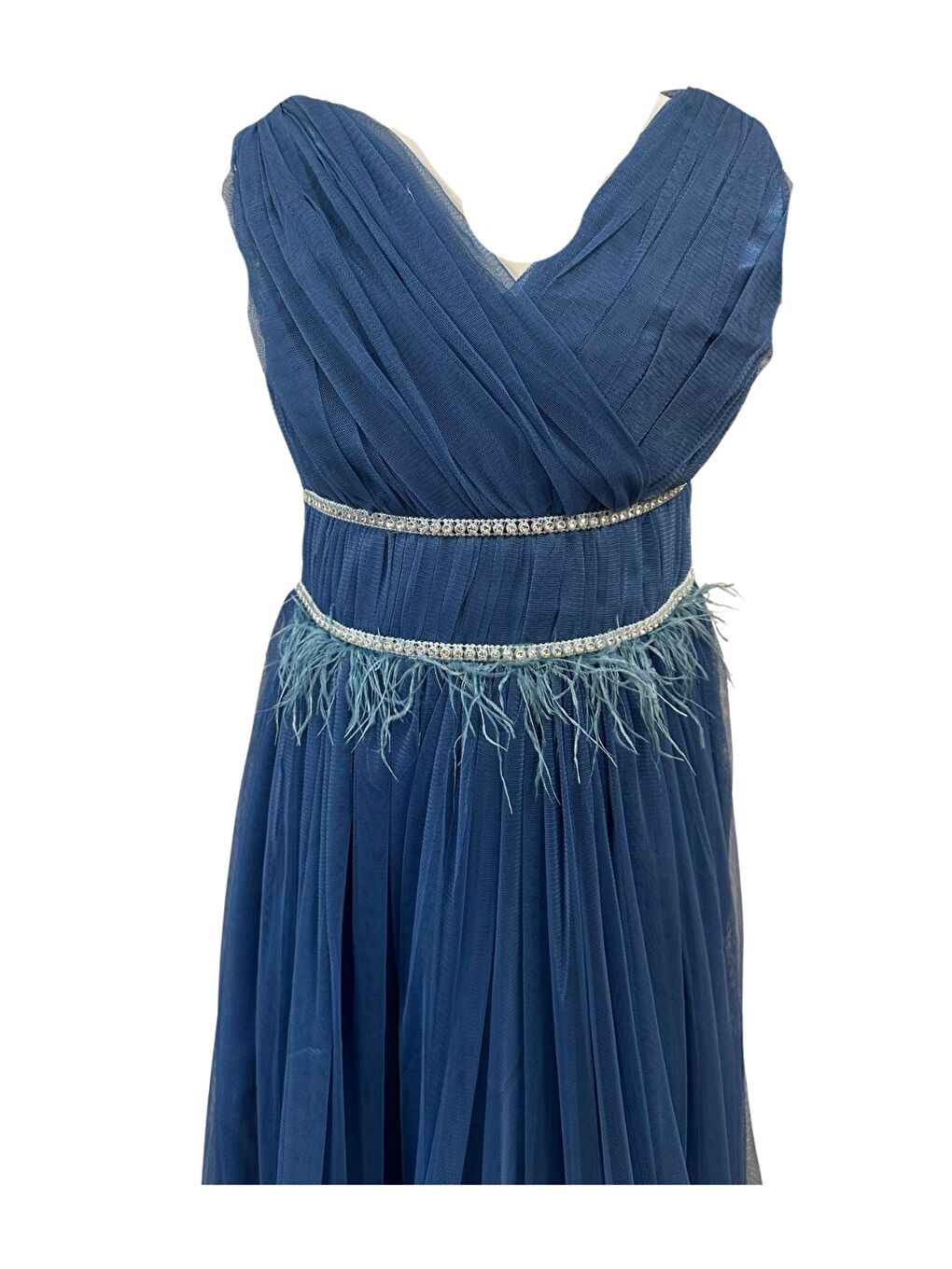 Mavi Beli Taşlı Askılı Abiye 8128-1